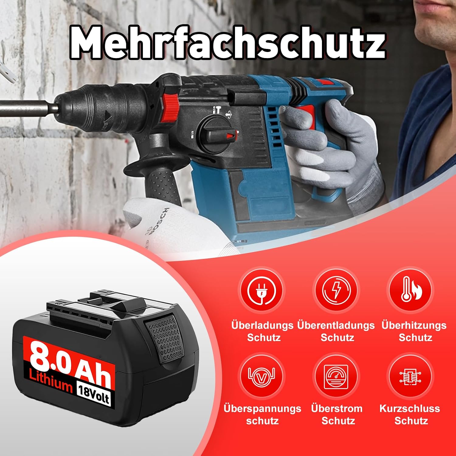 5X 8.0Ah Li-Ion Ersatzakku für Bosch Akku 18V GBA mit LED Indikator 4 5X 8.0Ah Li-Ion Ersatzakku für Bosch Akku 18V GBA mit LED Indikator – Bild 4