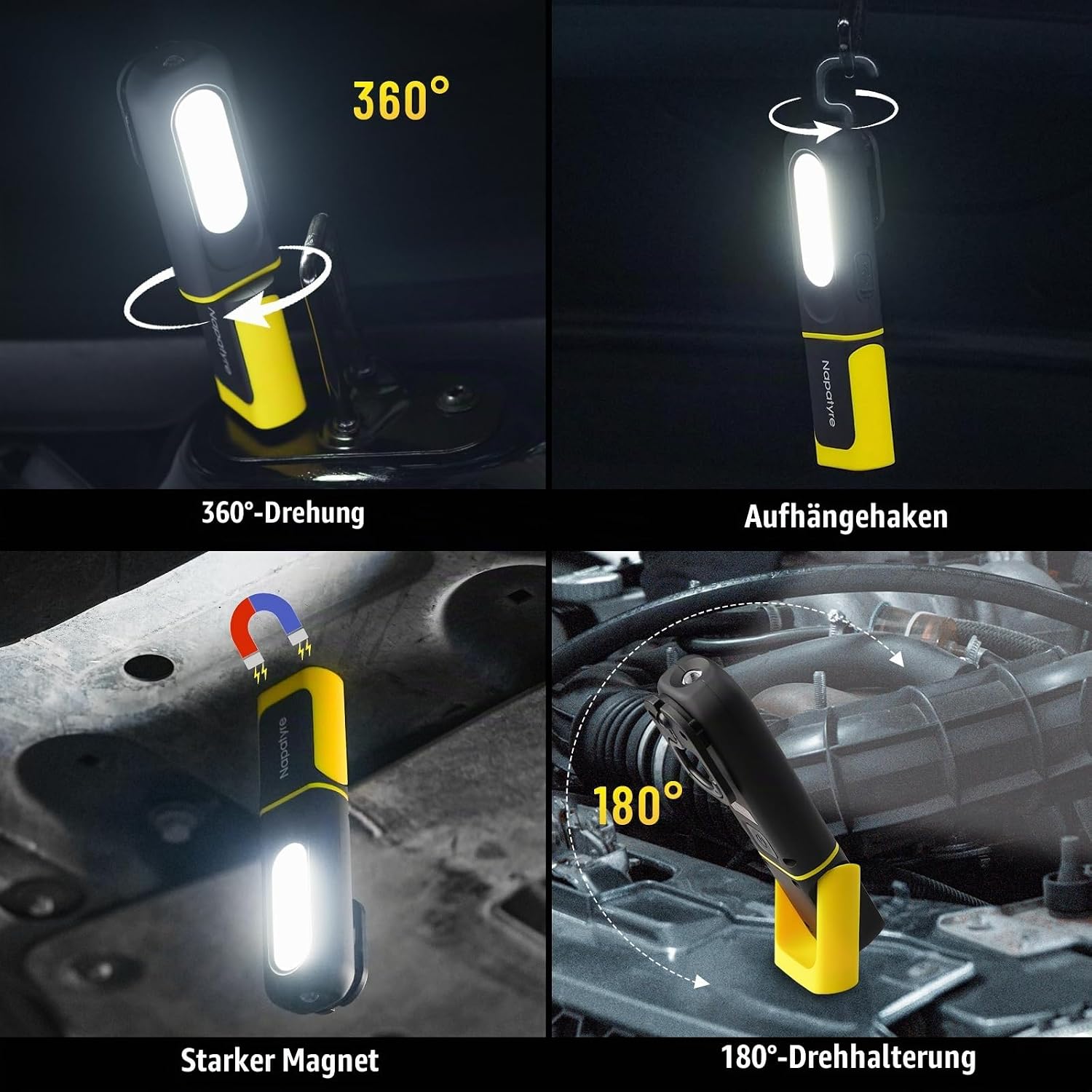 Arbeitsleuchte LED Akku, 800LM Werkstattlampe mit Haken und Magnetfuß, 360° Drehbare 3 Lichtmodi Taschenlampe Werkstatt Handlampe für Auto Reparatur Camping Notfall (2 Stück) 4 Arbeitsleuchte LED Akku, 800LM Werkstattlampe mit Haken und Magnetfuß, 360° Drehbare 3 Lichtmodi Taschenlampe Werkstatt Handlampe für Auto Reparatur Camping Notfall (2 Stück) – Bild 4