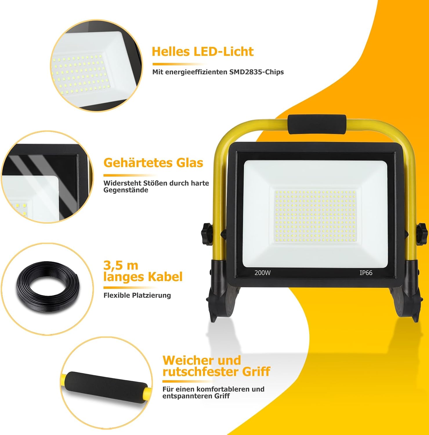 200W Led Baustrahler,21600 LM Superhelle Arbeitsleuchte,Tragbares Baustrahler,6000k TageslichtWeiß,Ip66 Wasserdicht,Eu-Stecker Bauleuchten mit 3.5M Kabel und Schalter für Werkstatt,Garage,Garten 4 200W Led Baustrahler,21600 LM Superhelle Arbeitsleuchte,Tragbares Baustrahler,6000k TageslichtWeiß,Ip66 Wasserdicht,Eu-Stecker Bauleuchten mit 3.5M Kabel und Schalter für Werkstatt,Garage,Garten – Bild 4