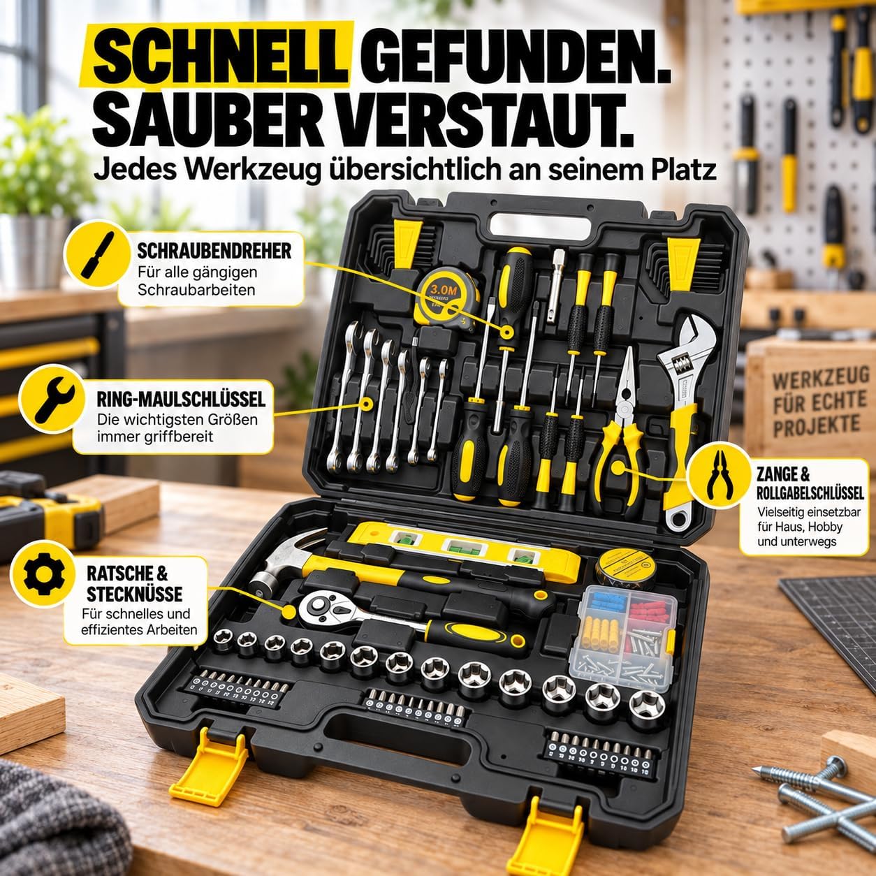 Werkzeugkoffer Gefüllt, 108-teilig Werkzeugset mit Werkzeug aus Chrom-Vanadium-Stahl - inkl. Schraubendreher, Zangen, Hammer, Wasserwaage, Stecknüsse & Bits 2 Werkzeugkoffer Gefüllt, 108-teilig Werkzeugset mit Werkzeug aus Chrom-Vanadium-Stahl - inkl. Schraubendreher, Zangen, Hammer, Wasserwaage, Stecknüsse & Bits – Bild 2
