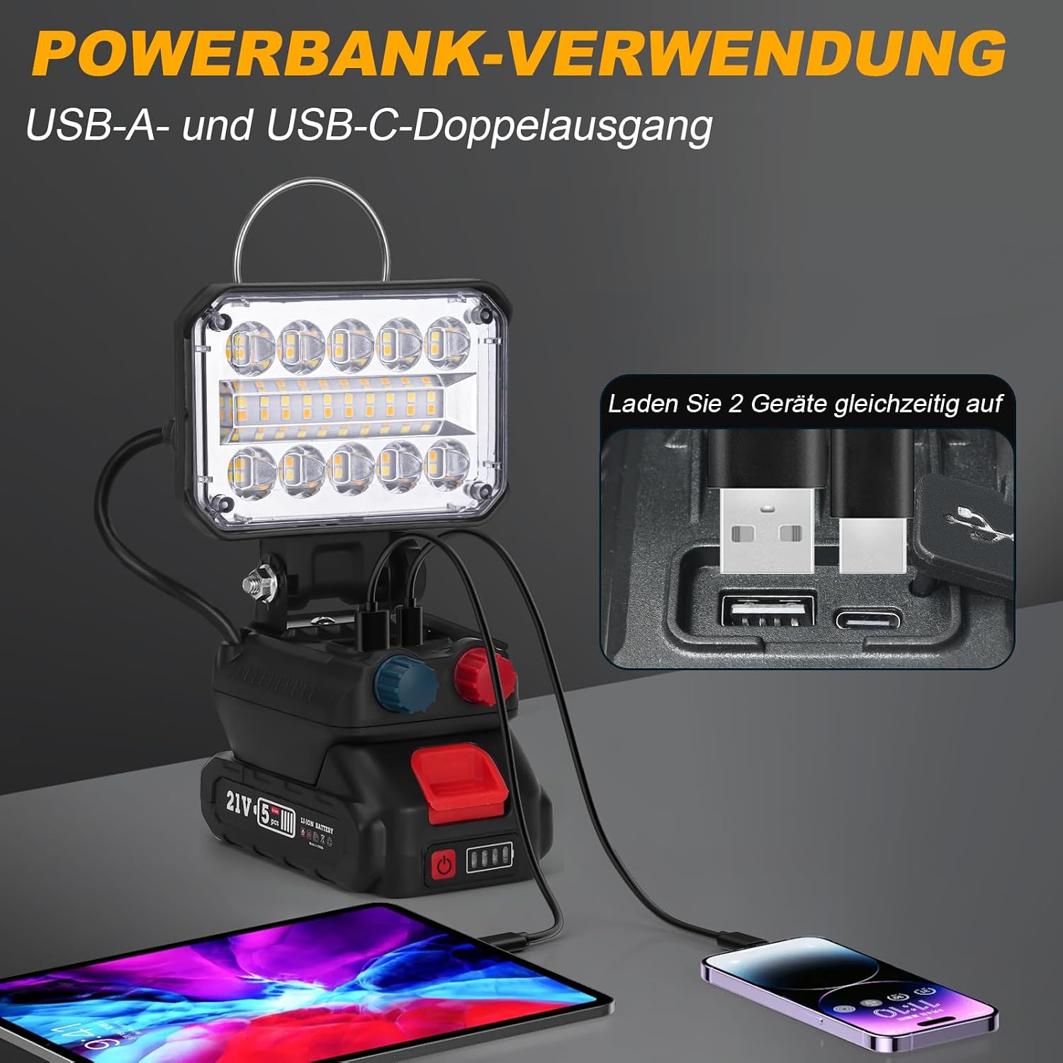 KERNOWO Akku Lampe Für Makita 18/21V, 48W Kabellose Led Arbeitsleuchte Akku mit 40 ultrahellen LED-Perlen, Led Strahler Tragbares Baustellen Lampe mit Typ C und USB-Aufladung(4IN-Keine Akku) 5 KERNOWO Akku Lampe Für Makita 18/21V, 48W Kabellose Led Arbeitsleuchte Akku mit 40 ultrahellen LED-Perlen, Led Strahler Tragbares Baustellen Lampe mit Typ C und USB-Aufladung(4IN-Keine Akku) – Bild 5