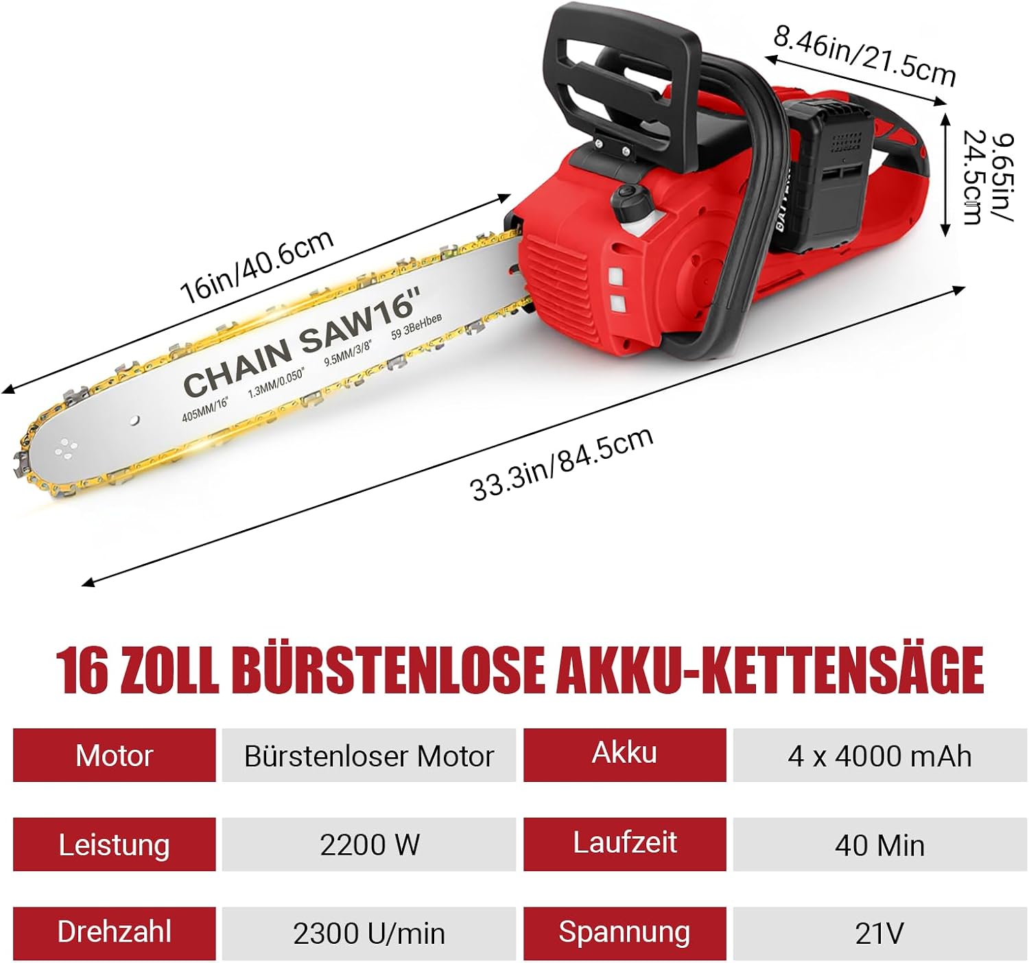 16 Zoll Akku-Kettensäge, Kettensäge mit 4 * 4000 mAh Akku, 2200W Bürstenlose Kettensäges mit automatischer Kettenschmierung und Kettenbremse Zum Fällen 3 16 Zoll Akku-Kettensäge, Kettensäge mit 4 * 4000 mAh Akku, 2200W Bürstenlose Kettensäges mit automatischer Kettenschmierung und Kettenbremse Zum Fällen – Bild 3