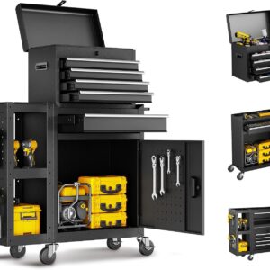 LDHTHOPI Werkstattwagen 5 Schubladen Leer mit kugelgelagerten Teleskopschienen & Zentralverriegelung, 200 kg Tragkraft, rollbar mit Seitenablage & 4 Lenkrollen (2 Bremsen), für Garage, Schwarz