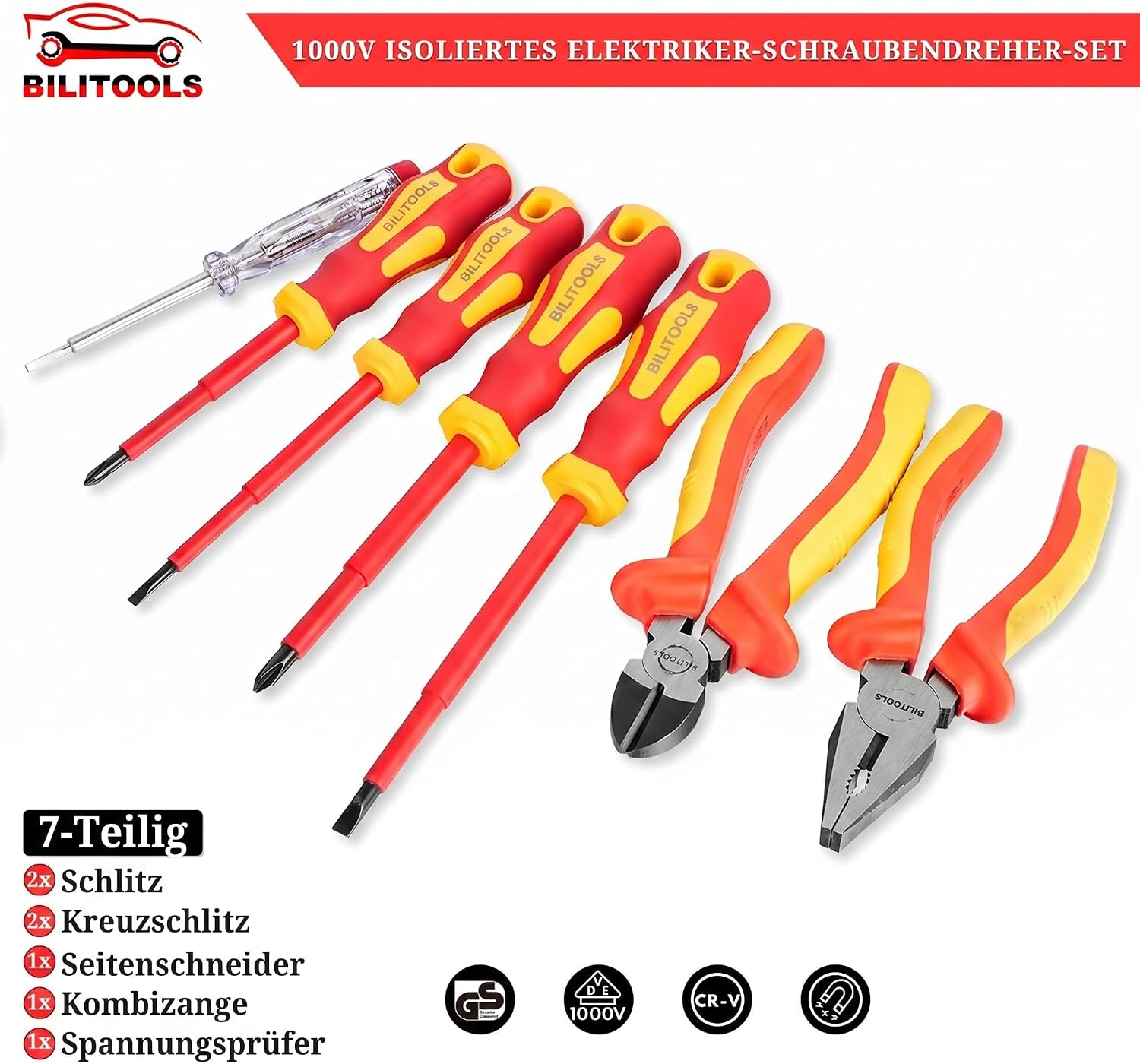 BILITOOLS Elektriker Schraubendreher Zangen Set 7-tlg 1000V Isoliert VDE 2 BILITOOLS Elektriker Schraubendreher Zangen Set 7-tlg 1000V Isoliert VDE – Bild 2