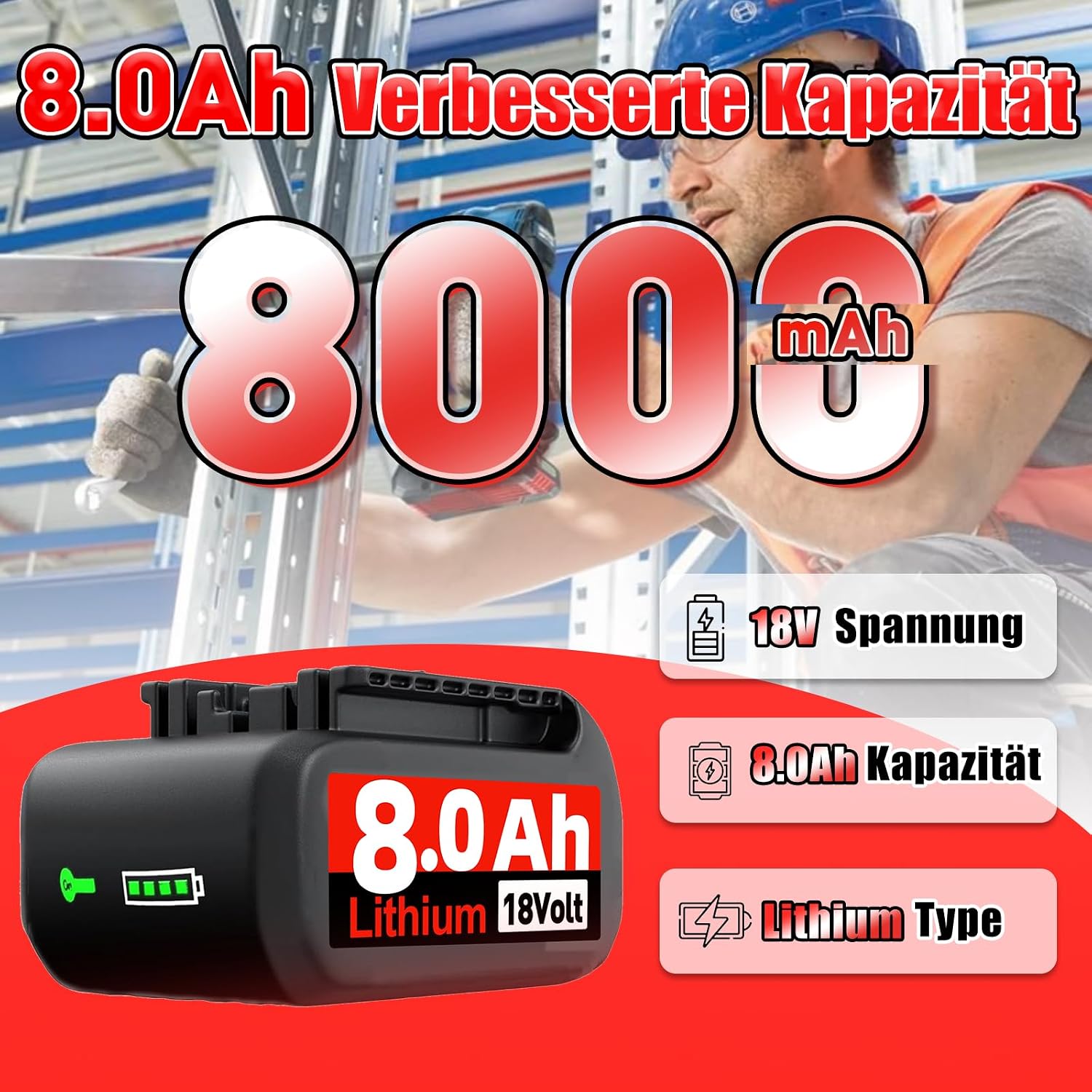 5X 8.0Ah Li-Ion Ersatzakku für Bosch Akku 18V GBA mit LED Indikator 2 5X 8.0Ah Li-Ion Ersatzakku für Bosch Akku 18V GBA mit LED Indikator – Bild 2