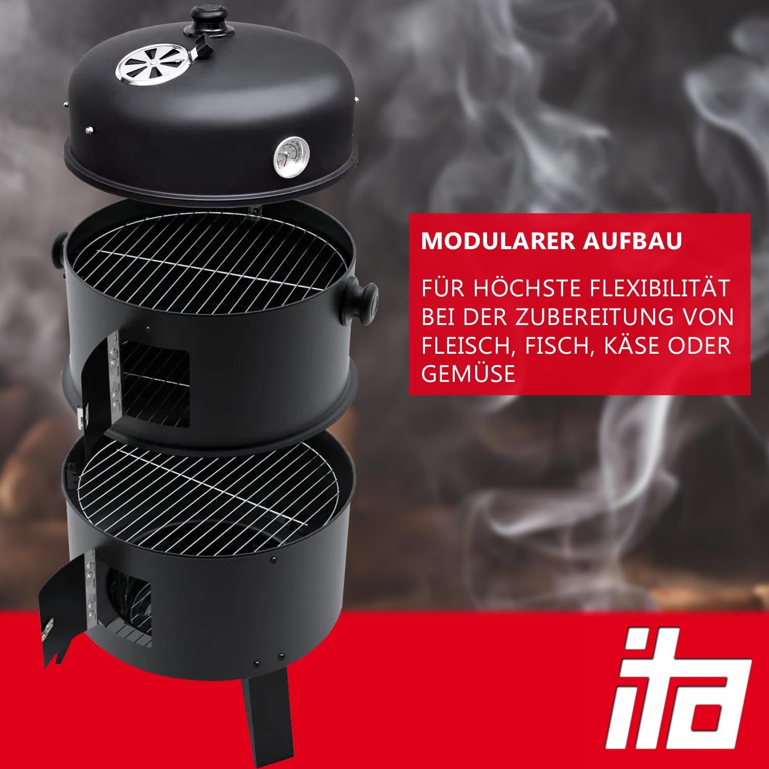 ITA Räuchergrill 3in1 Multifunktional - Grillen, Räuchern, Garen - Modularer Holzkohlegrill Smoker mit Thermometer & regulierbarem Luftabzug am Deckel - Grilltonne Räucherofen 3 ITA Räuchergrill 3in1 Multifunktional - Grillen, Räuchern, Garen - Modularer Holzkohlegrill Smoker mit Thermometer & regulierbarem Luftabzug am Deckel - Grilltonne Räucherofen – Bild 3