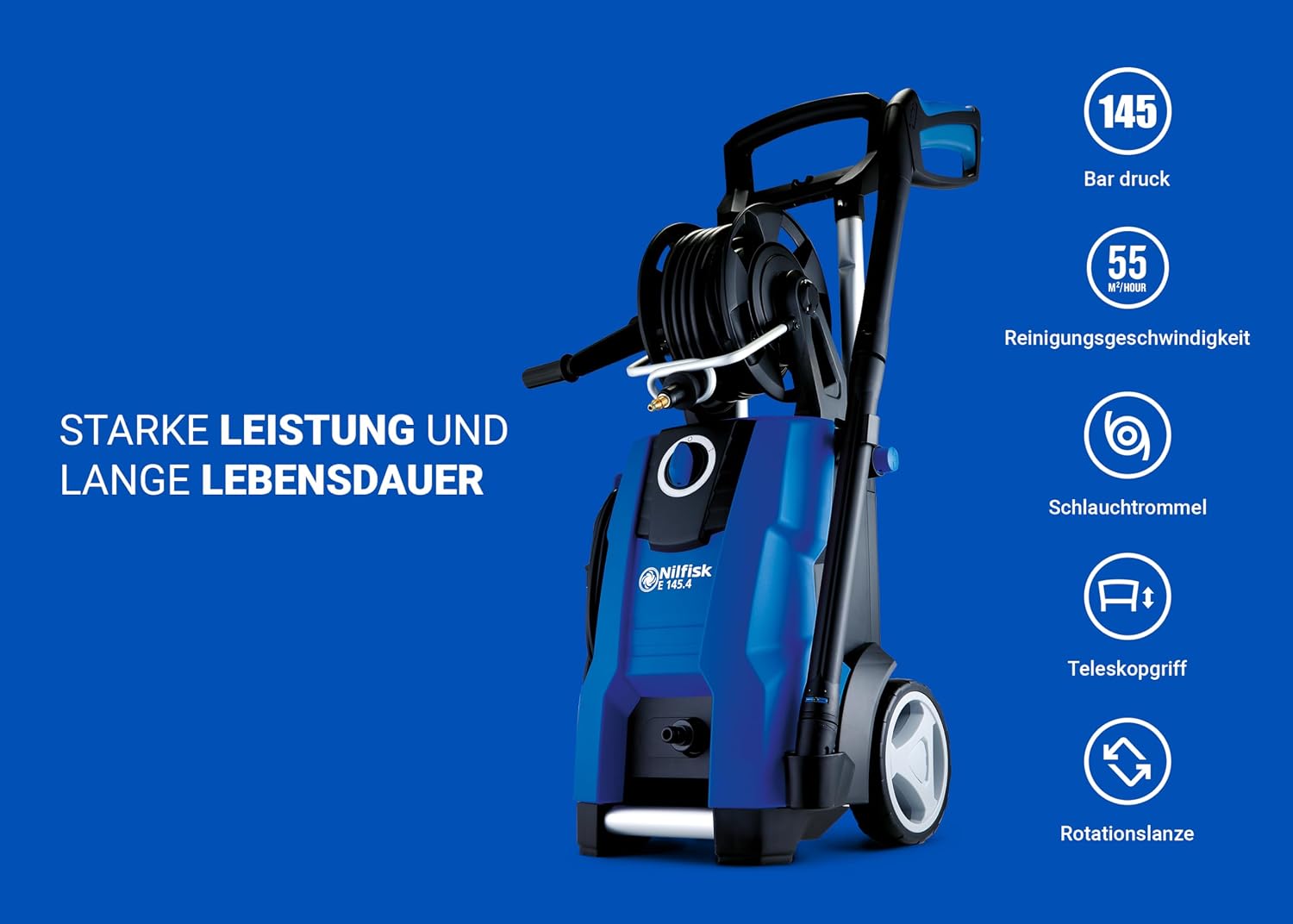 Nilfisk Hochdruckreiniger E 145 Bar Druck + Schaumsprüher + Flächenreiniger + Bürste + Rohrreinigungs-Set (2100 W) 2 Nilfisk Hochdruckreiniger E 145 Bar Druck + Schaumsprüher + Flächenreiniger + Bürste + Rohrreinigungs-Set (2100 W) – Bild 2