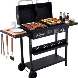Gas-Holzkohle-Kombigrill, 2-in-1 Grillwagen mit Grillplatte