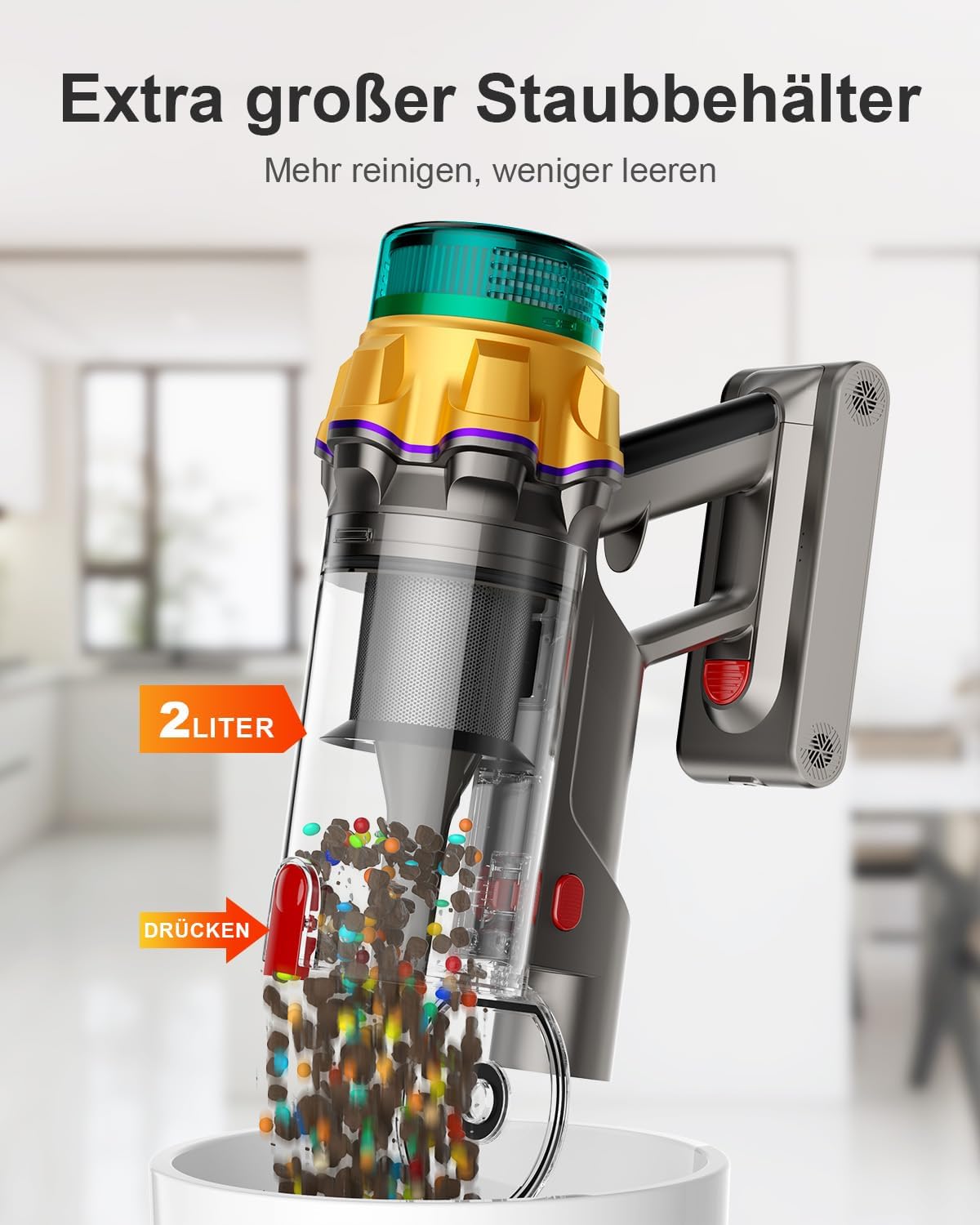 Akku Staubsauger 55000Pa/650W/70Min, staubsauger kabellos mit Display, 2L Staubbehälter, Anti-Tangle-Bürste, Selbststehend, 8-Schicht-Filter, Flexible Fugendüse, für Hartböden/Teppiche/Auto/Tierhaare 4 Akku Staubsauger 55000Pa/650W/70Min, staubsauger kabellos mit Display, 2L Staubbehälter, Anti-Tangle-Bürste, Selbststehend, 8-Schicht-Filter, Flexible Fugendüse, für Hartböden/Teppiche/Auto/Tierhaare – Bild 4