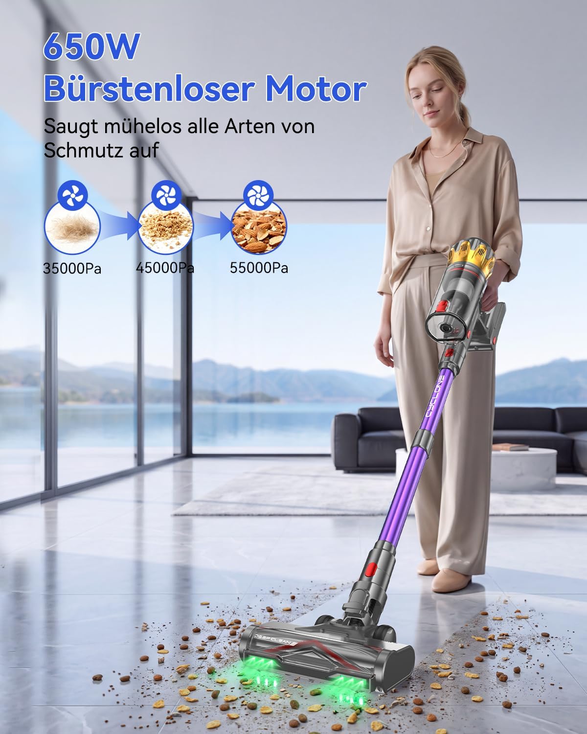 Vistefly V16 Akku Staubsauger 650W 55Kpa 80Min für Teppiche Hartböden, Lila 2 Vistefly V16 Akku Staubsauger 650W 55Kpa 80Min für Teppiche Hartböden, Lila – Bild 2