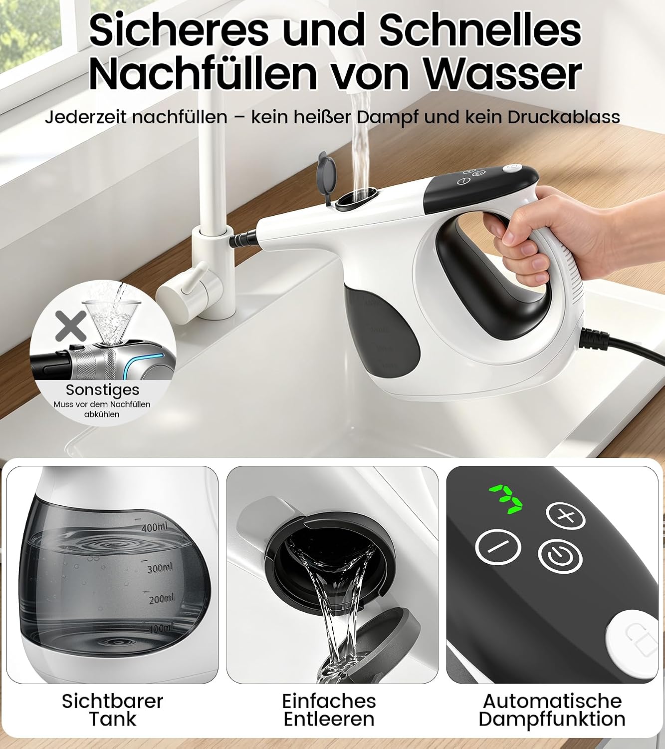JBER Dampfreiniger Handgerät 1200W für Heim, 3 Sek.Aufheizzeit, 400ML Tank 3 JBER Dampfreiniger Handgerät 1200W für Heim, 3 Sek.Aufheizzeit, 400ML Tank – Bild 3