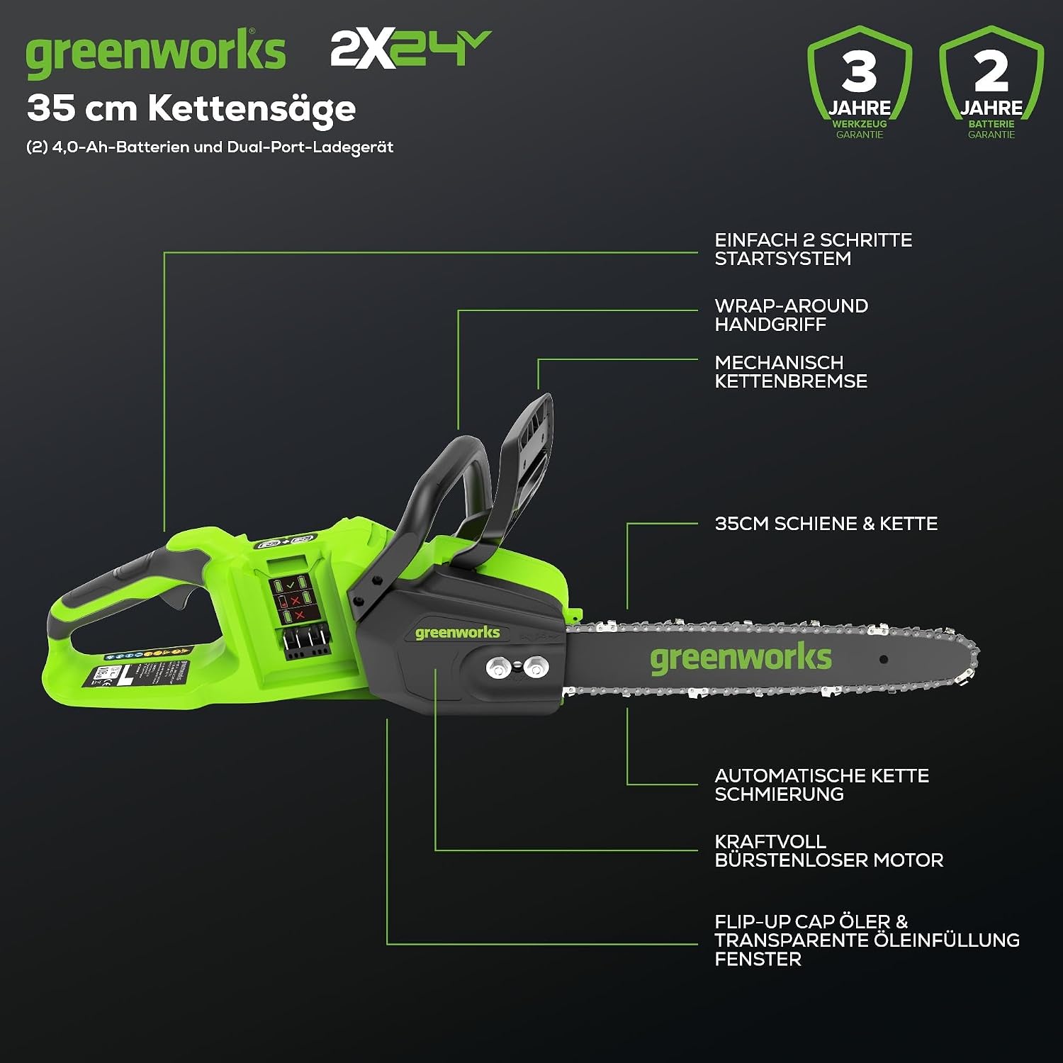 Greenworks 48V (24V x 2) Akku Kettensäge mit bürstenlosem Motor, 35cm Blattlänge, 20 m/s Kettengeschwindigkeit, Auto-Öler, Mit zwei 4Ah Akkus & Doppel-Ladegerät, 3 Jahre Garantie-GD24X2CS36K4X 2 Greenworks 48V (24V x 2) Akku Kettensäge mit bürstenlosem Motor, 35cm Blattlänge, 20 m/s Kettengeschwindigkeit, Auto-Öler, Mit zwei 4Ah Akkus & Doppel-Ladegerät, 3 Jahre Garantie-GD24X2CS36K4X – Bild 2