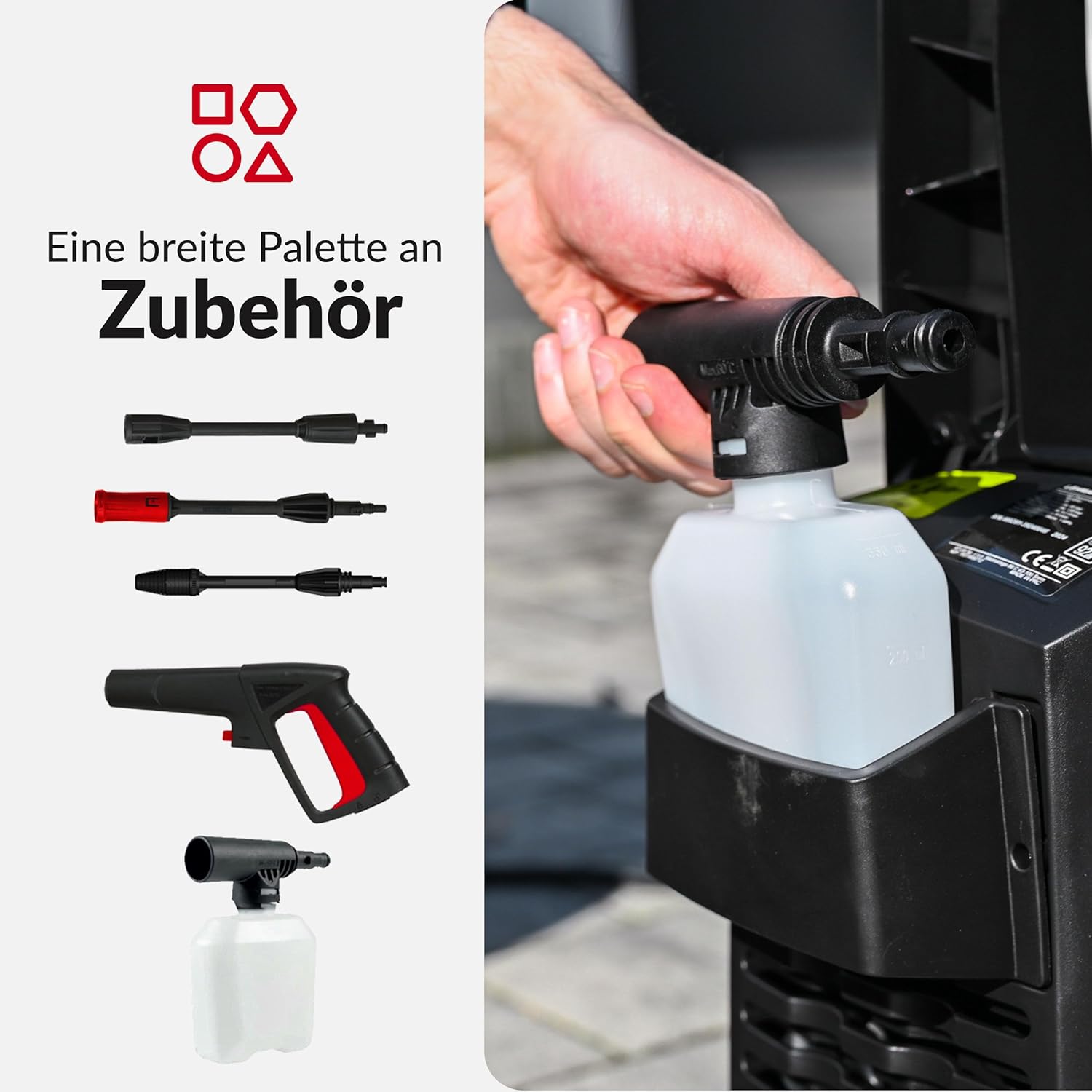 LEHMANN Jukon Hochdruckreiniger, 1600 W, 480 l/h Fördermenge, mit 5m Hochdruckschlauch, Pistole, Lanzen und eine Schaumlanze, Flächenreiniger mit 130 bar Druck für Haus, Garten und Auto 5 LEHMANN Jukon Hochdruckreiniger, 1600 W, 480 l/h Fördermenge, mit 5m Hochdruckschlauch, Pistole, Lanzen und eine Schaumlanze, Flächenreiniger mit 130 bar Druck für Haus, Garten und Auto – Bild 5