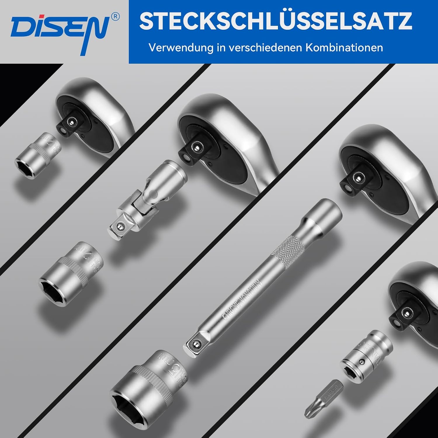 DISEN Steckschlüsselsatz 108-teilig, Ratschenschlüssel Knarrenkasten Set mit Umschaltknarre 1/4" und 3/8", inkl. Gängigen Torx - Bitsatz, Verlängerungen, Steckschlüssel Set und Nüsse für Heim 5 DISEN Steckschlüsselsatz 108-teilig, Ratschenschlüssel Knarrenkasten Set mit Umschaltknarre 1/4" und 3/8", inkl. Gängigen Torx - Bitsatz, Verlängerungen, Steckschlüssel Set und Nüsse für Heim – Bild 5