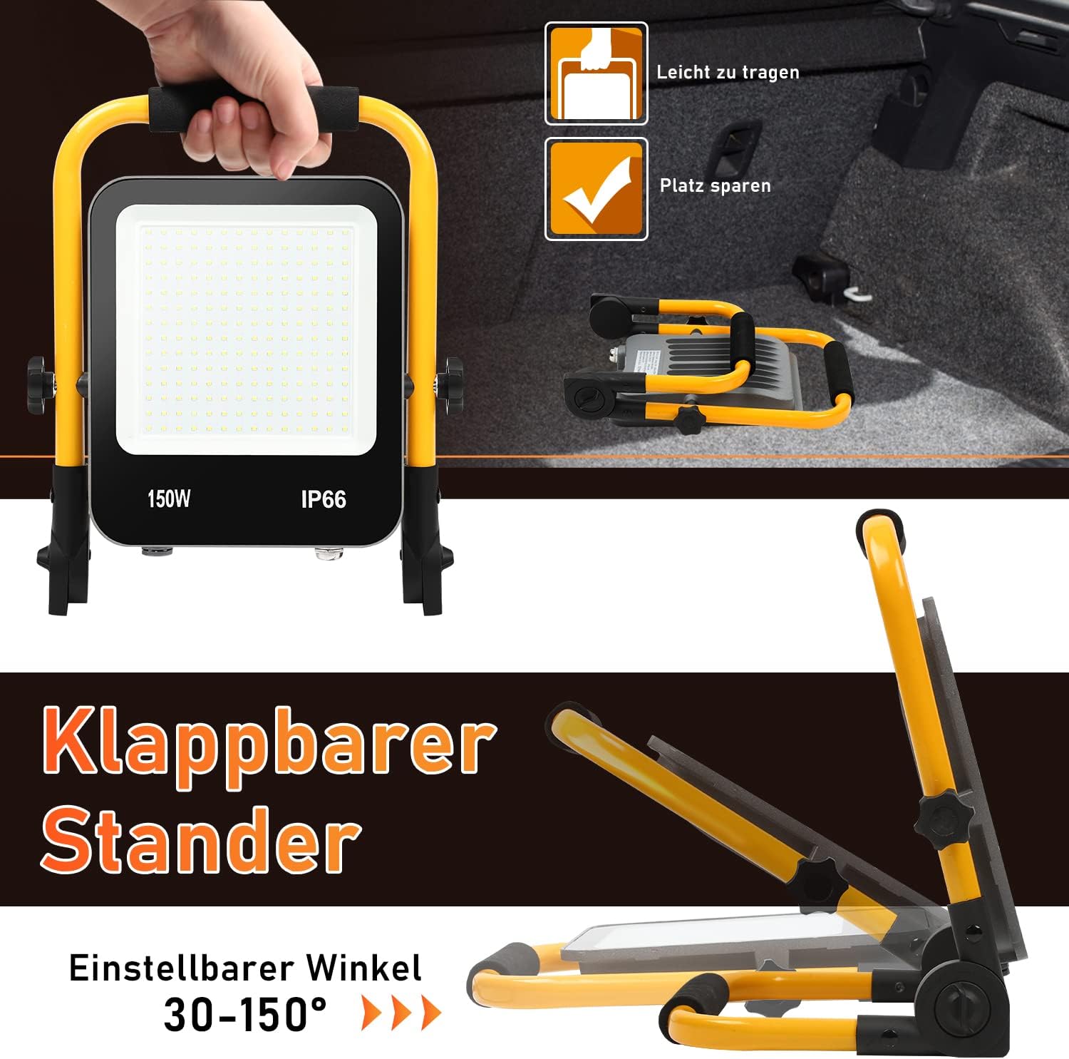 Ikodm LED Baustrahler Arbeitsleuchte, 150W Baustellen Strahler inkl. Faltbarer Standgestell und 3M Netzkabel, Baulampe 13000LM 6000K Kaltweiß IP66 Wasserdicht für Innen Außen (mit Stecker) 4 Ikodm LED Baustrahler Arbeitsleuchte, 150W Baustellen Strahler inkl. Faltbarer Standgestell und 3M Netzkabel, Baulampe 13000LM 6000K Kaltweiß IP66 Wasserdicht für Innen Außen (mit Stecker) – Bild 4