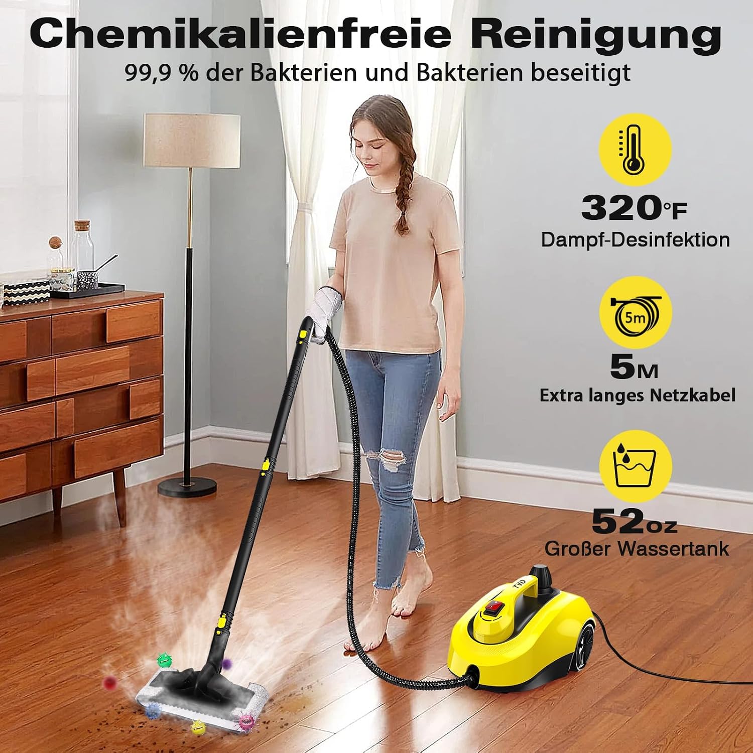 TVD Dampfreiniger, Polstermöbelreiniger, mit 5 m extra Langem Netzkabel 2 TVD Dampfreiniger, Polstermöbelreiniger, mit 5 m extra Langem Netzkabel – Bild 2
