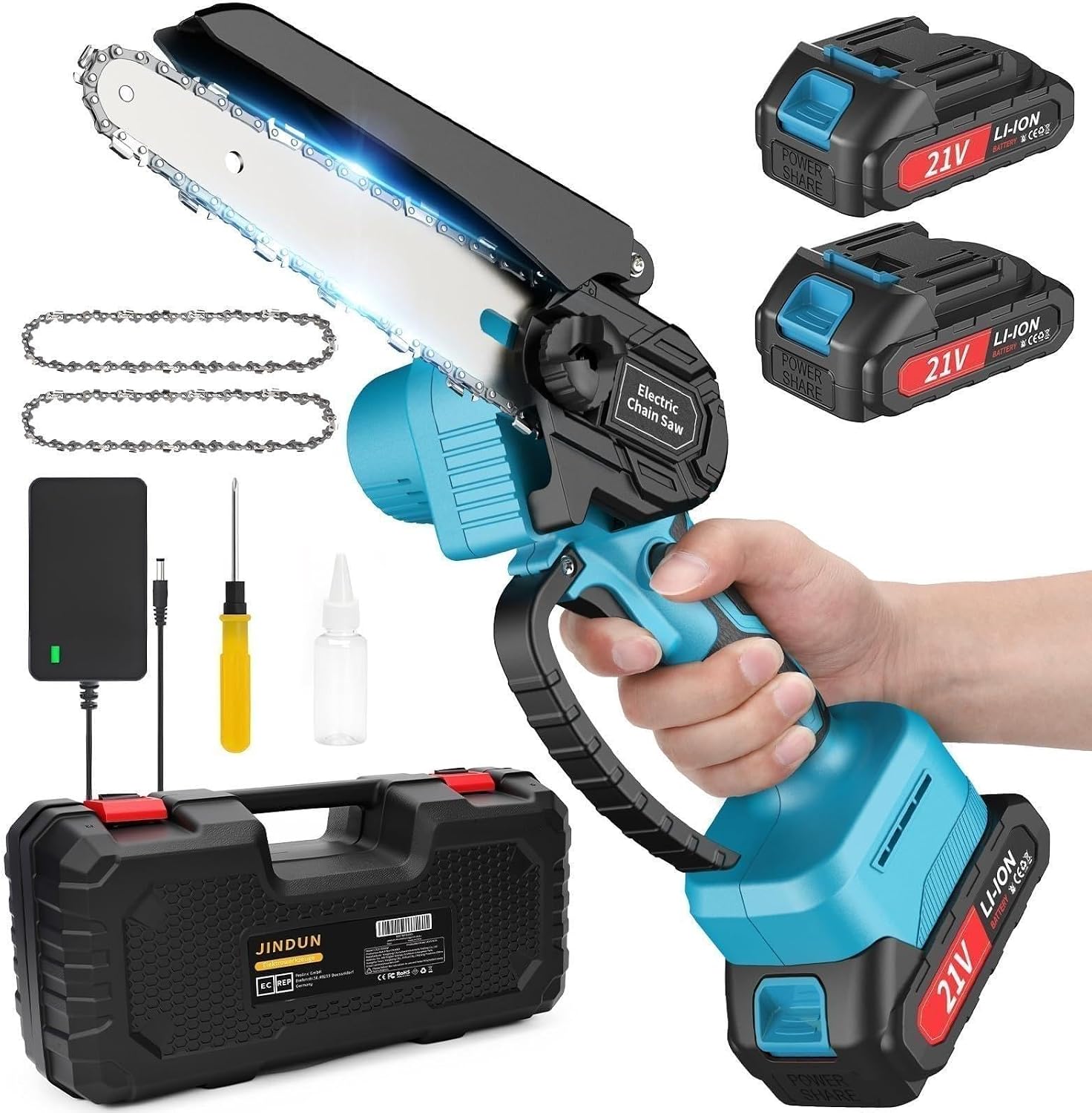 JINDUN Mini Kettensäge mit Akku, 21V 6 Zoll Mini Akku Kettensäge mit Leistungsstarke Motoren und Gehärtete Legierungsketten, 2 Akku und Schnell Ladegerät für Gartenbäumen Astschere Holzschneiden