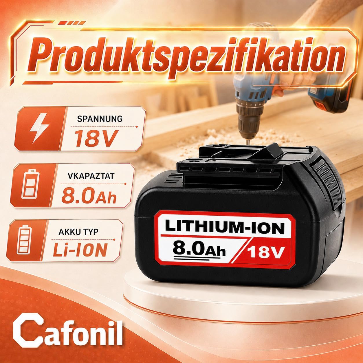 Cafonil 4X 8.0Ah Li-Ion Akku für Bosch 18V, Ersatzakku für Bosch BAT618 2 Cafonil 4X 8.0Ah Li-Ion Akku für Bosch 18V, Ersatzakku für Bosch BAT618 – Bild 2