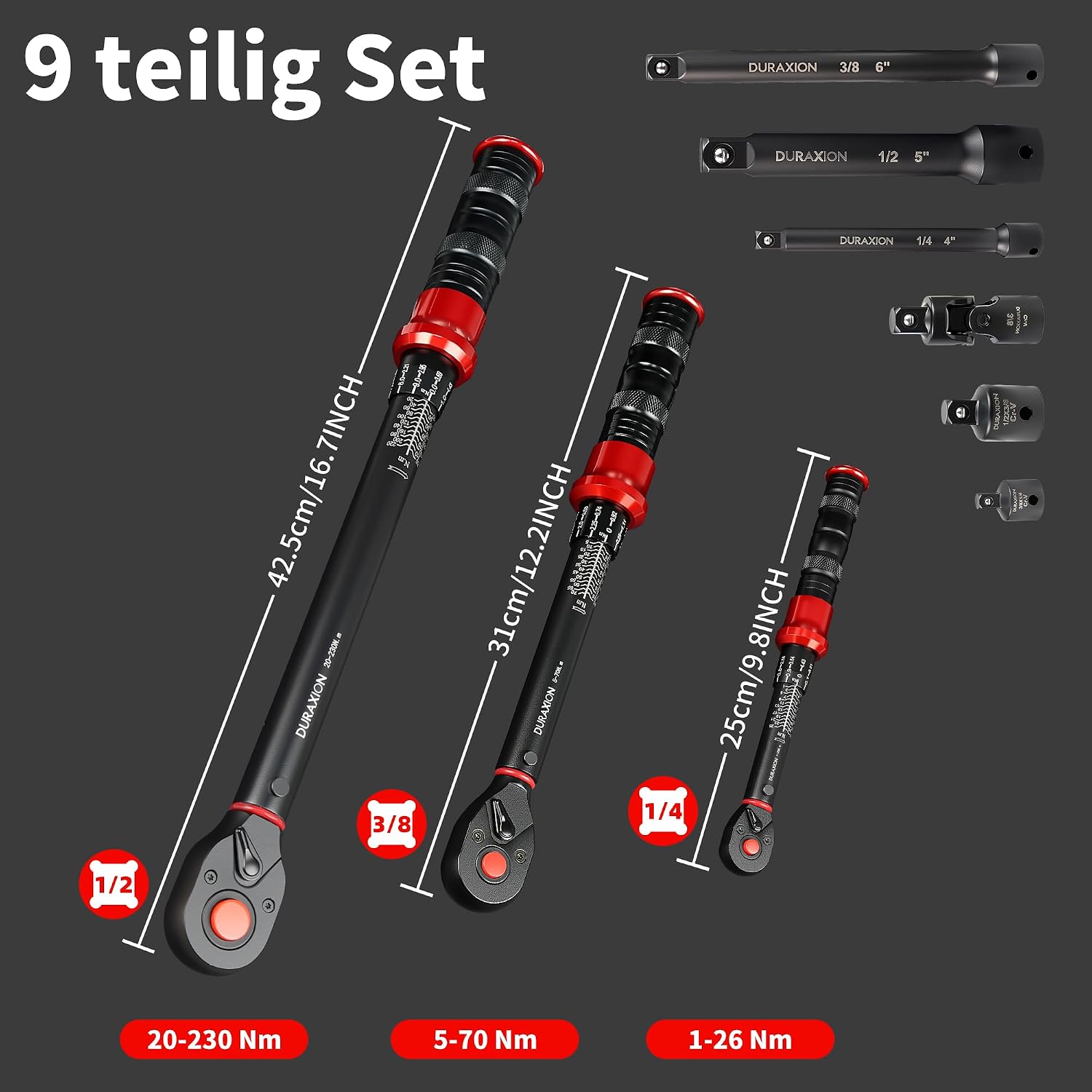 9-tlg Drehmomentschlüssel Set 1/2,3/8,1/4", 20-230,5-70,1-26Nm 3 9-tlg Drehmomentschlüssel Set 1/2,3/8,1/4", 20-230,5-70,1-26Nm – Bild 3