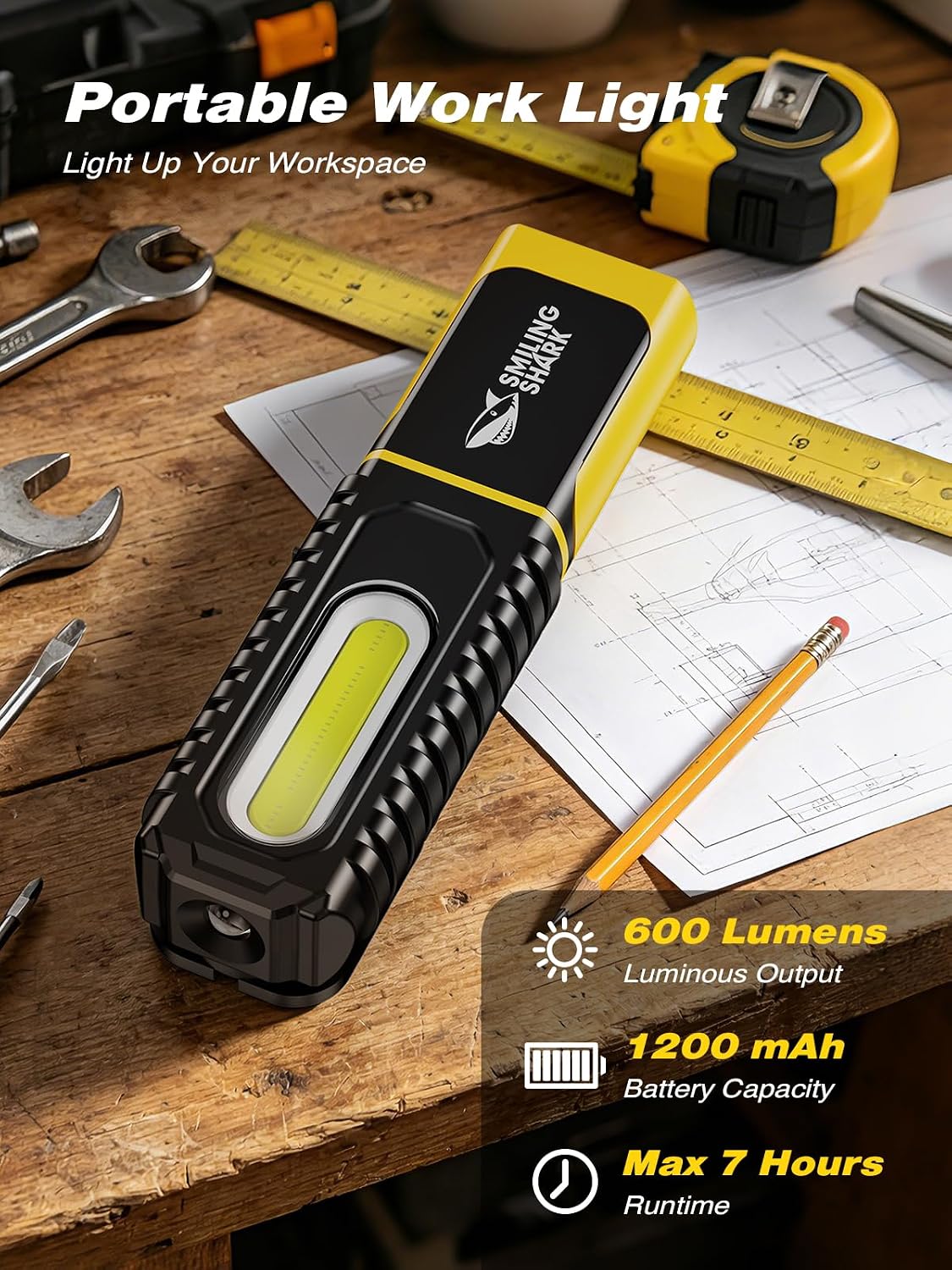 Smiling Shark LED Arbeitsleuchte Akku, Arbeitslampe USB Wiederaufladbare 5 Modus Licht Tragbar Leuchten Werkstatt mit 360° Magnetfuß und Haken für Working Auto Reparatur Camping (2 Packungen) 2 Smiling Shark LED Arbeitsleuchte Akku, Arbeitslampe USB Wiederaufladbare 5 Modus Licht Tragbar Leuchten Werkstatt mit 360° Magnetfuß und Haken für Working Auto Reparatur Camping (2 Packungen) – Bild 2