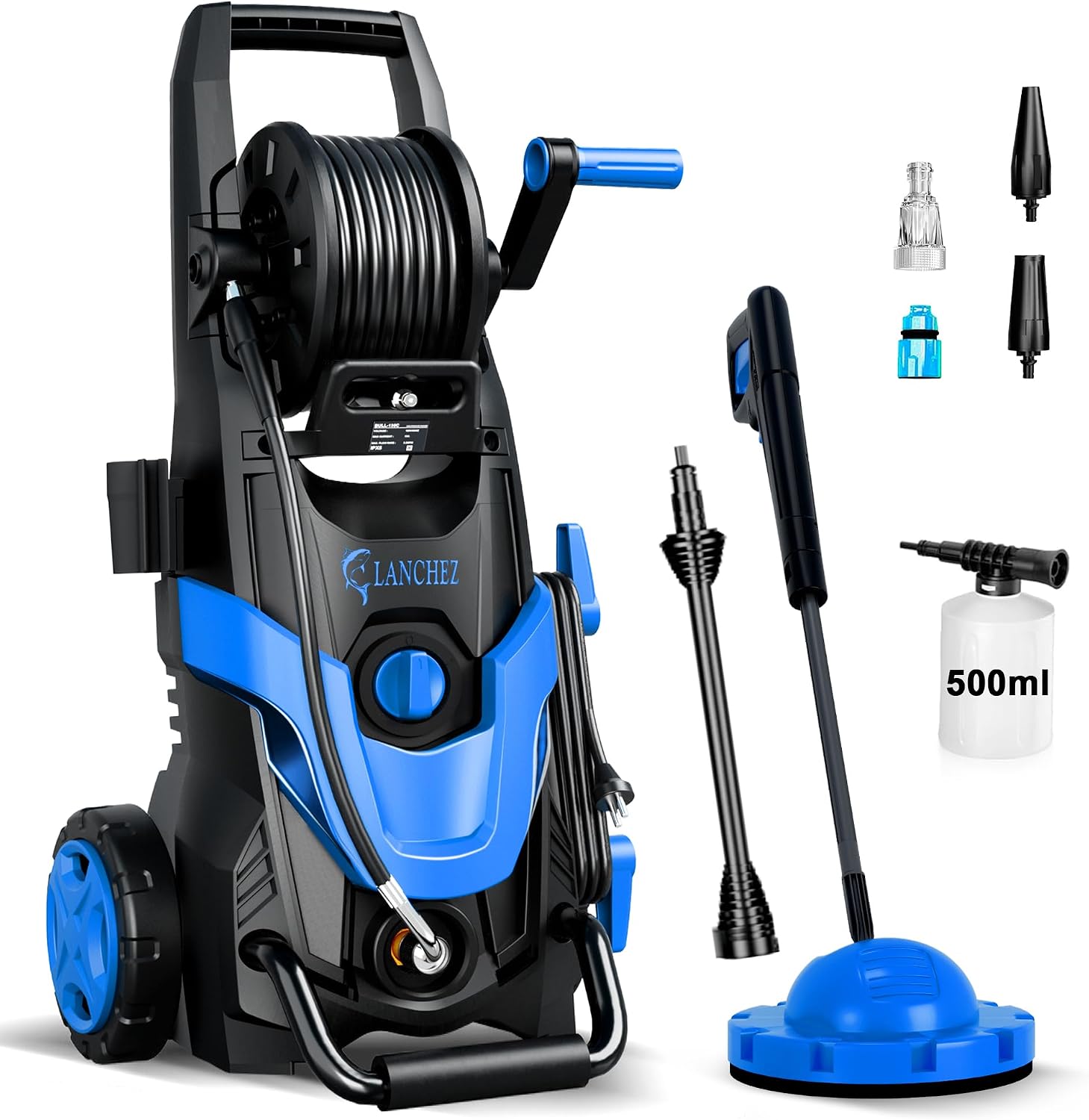 LANCHEZ Hochdruckreiniger 180 bar max Druck, Fördermenge 480 l/h, 7-in-1-Zubehör Kit (500ml Schaumsprüher, Schnellkupplungen, Schnellanschlussdüsen, Terrassenbürste) für Auto, Terrasse, Blau 1 LANCHEZ Hochdruckreiniger 180 bar max Druck, Fördermenge 480 l/h, 7-in-1-Zubehör Kit (500ml Schaumsprüher, Schnellkupplungen, Schnellanschlussdüsen, Terrassenbürste) für Auto, Terrasse, Blau