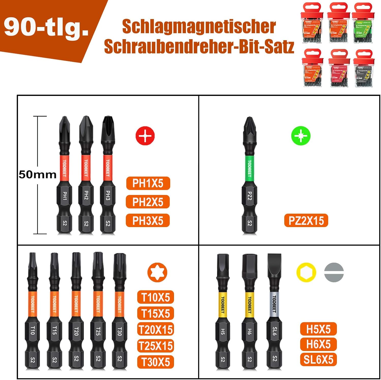 Impact Multi Schraubendreher-Bits-Set, Magnetischen S2-Stahl 50mm 90tlg. (Torx/Phillips/Pozidriv/Schlitz/Inbus) Bits-Set für Schlagwerkzeuge inkl. robuster Aufbewah Ungsbox 2 Impact Multi Schraubendreher-Bits-Set, Magnetischen S2-Stahl 50mm 90tlg. (Torx/Phillips/Pozidriv/Schlitz/Inbus) Bits-Set für Schlagwerkzeuge inkl. robuster Aufbewah Ungsbox – Bild 2