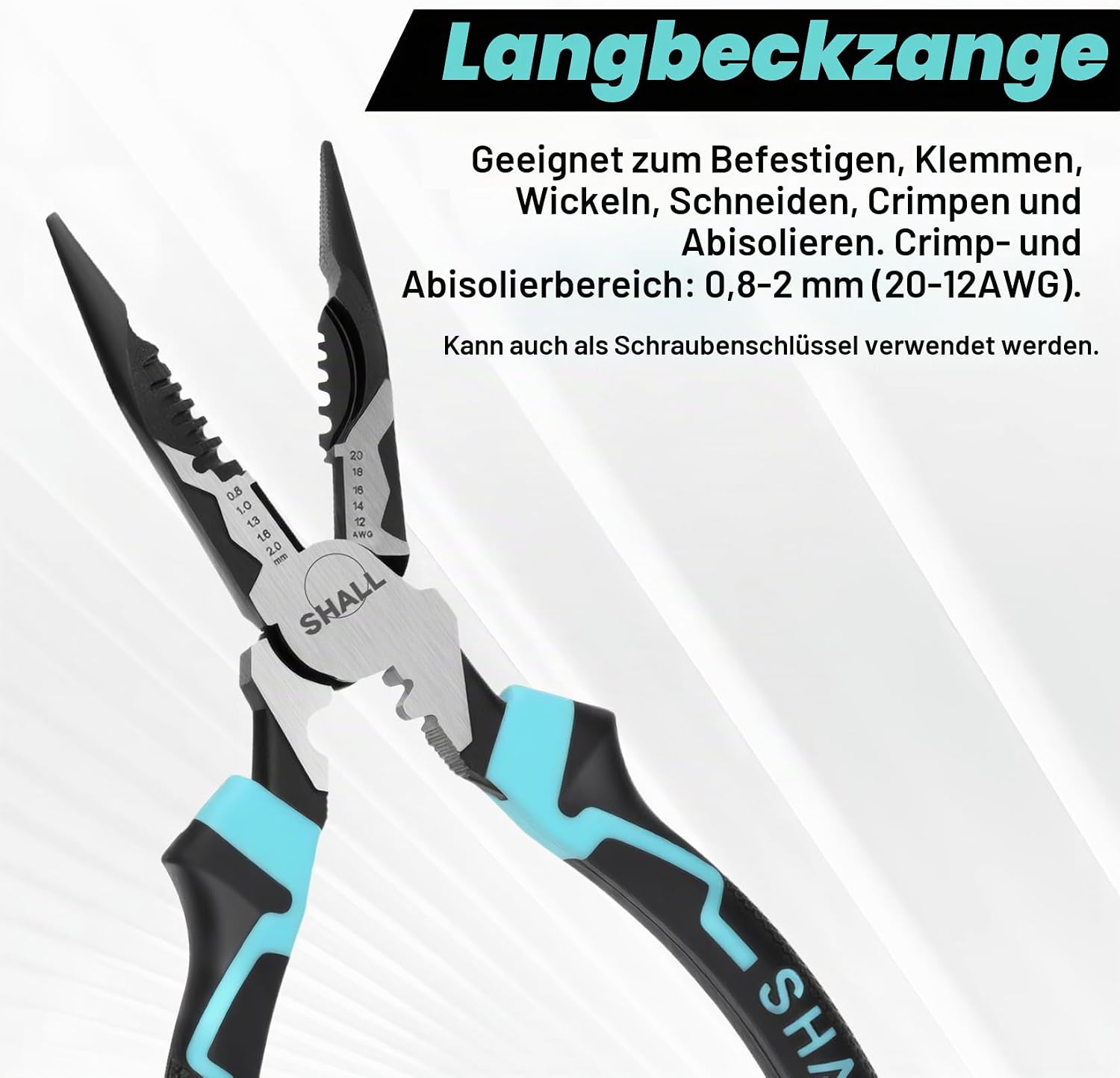 SHALL 3-teiliges Hochleistungszangenset, 8" Spitzzange, 8" Seitenschneider, 8" Kombizange, Elektrikerzangenset mit Drahtschneider, Abisolierzange und Crimpzange 5 SHALL 3-teiliges Hochleistungszangenset, 8" Spitzzange, 8" Seitenschneider, 8" Kombizange, Elektrikerzangenset mit Drahtschneider, Abisolierzange und Crimpzange – Bild 5