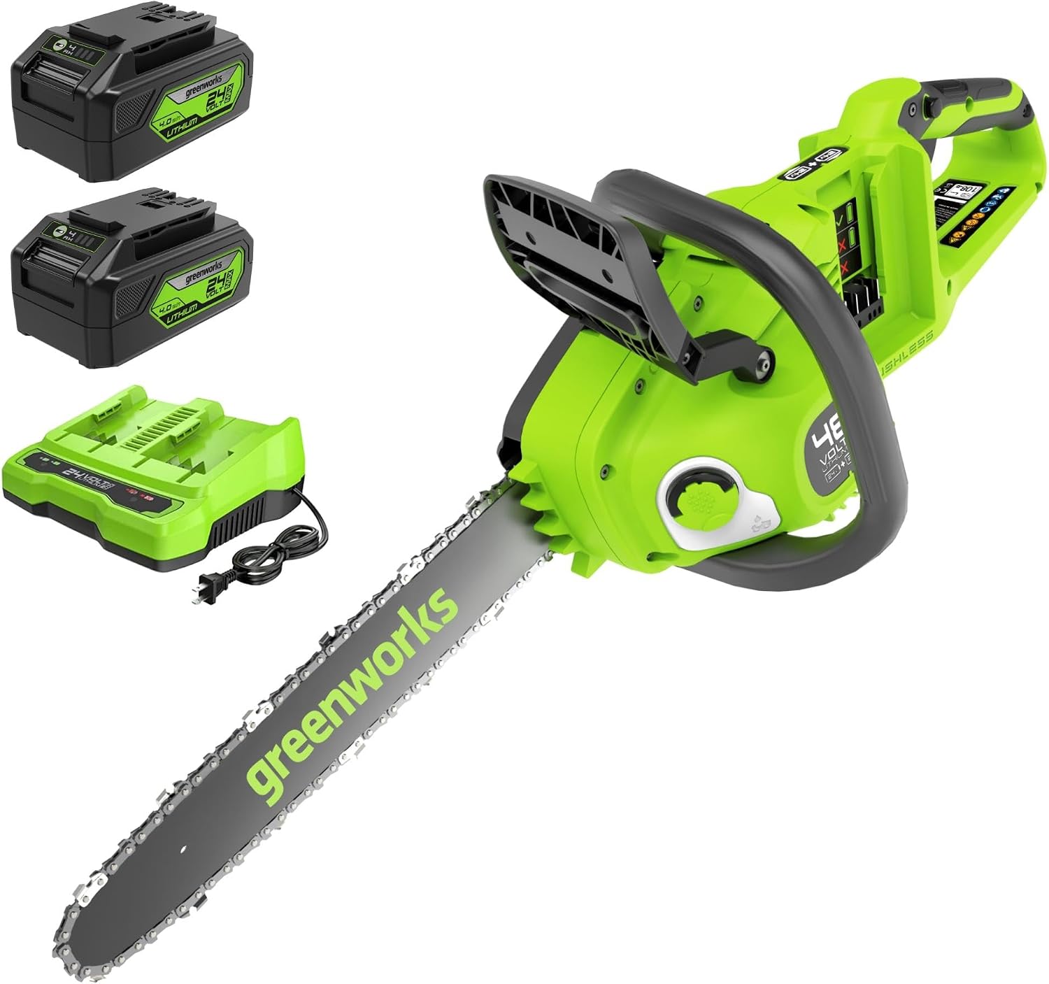 Greenworks 48V (24V x 2) Akku Kettensäge mit bürstenlosem Motor, 35cm Blattlänge, 20 m/s Kettengeschwindigkeit, Auto-Öler, Mit zwei 4Ah Akkus & Doppel-Ladegerät, 3 Jahre Garantie-GD24X2CS36K4X 1 Greenworks 48V (24V x 2) Akku Kettensäge mit bürstenlosem Motor, 35cm Blattlänge, 20 m/s Kettengeschwindigkeit, Auto-Öler, Mit zwei 4Ah Akkus & Doppel-Ladegerät, 3 Jahre Garantie-GD24X2CS36K4X