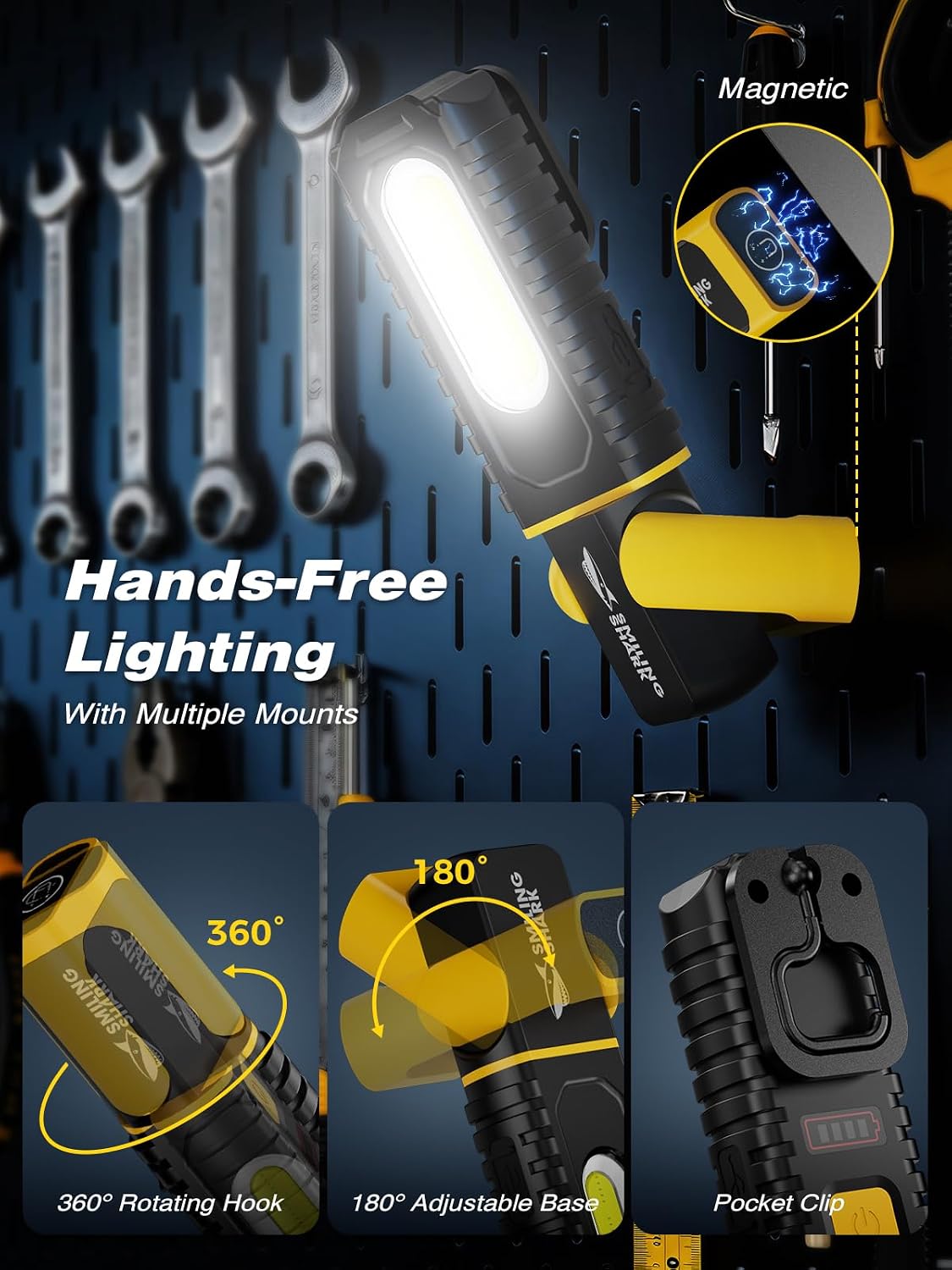Smiling Shark LED Arbeitsleuchte Akku, Arbeitslampe USB Wiederaufladbare 5 Modus Licht Tragbar Leuchten Werkstatt mit 360° Magnetfuß und Haken für Working Auto Reparatur Camping (2 Packungen) 4 Smiling Shark LED Arbeitsleuchte Akku, Arbeitslampe USB Wiederaufladbare 5 Modus Licht Tragbar Leuchten Werkstatt mit 360° Magnetfuß und Haken für Working Auto Reparatur Camping (2 Packungen) – Bild 4