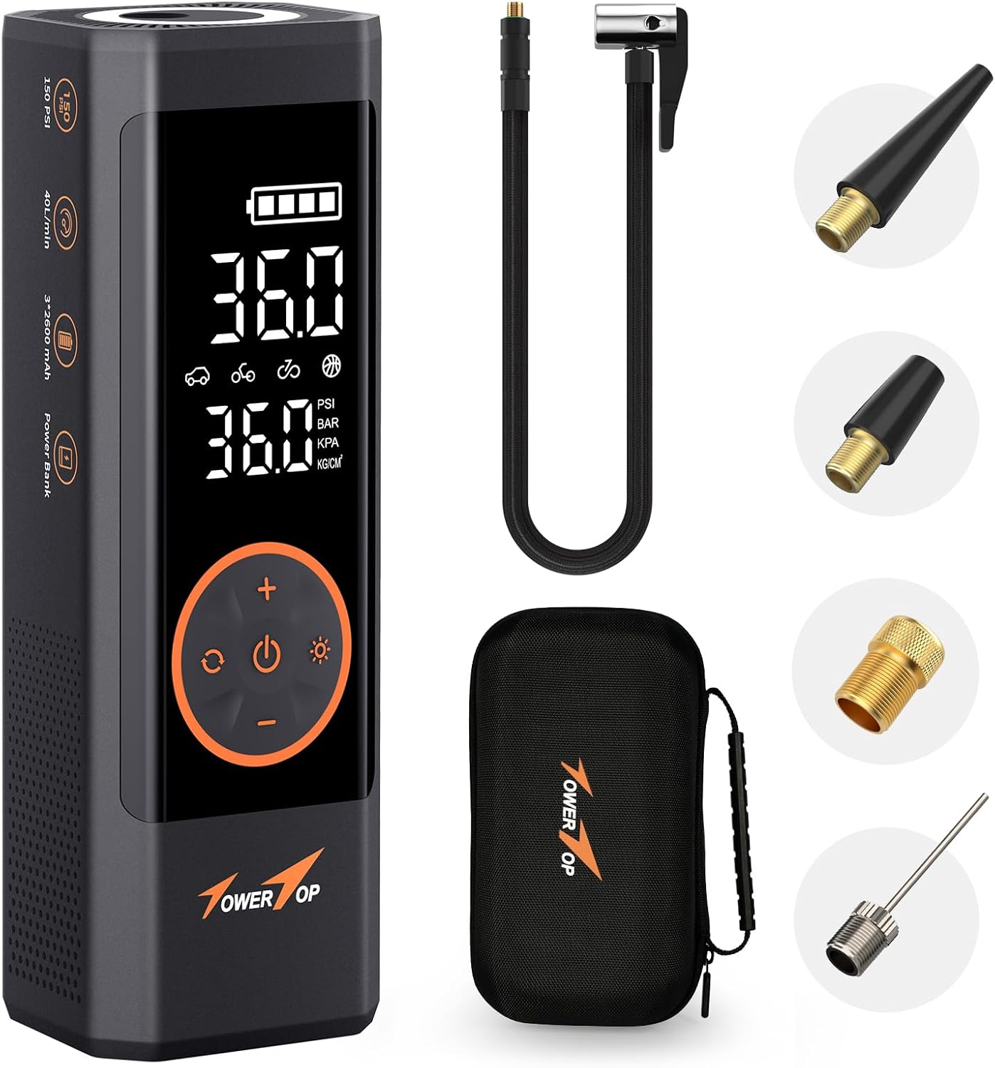 TowerTop Elektrische Luftpumpe Akku Kompressor: 2,5-Mal Schnelleres 150PSI Mini Akku Luftpumpe 7800mAh Fahrradpumpe Elektrisch, Super großes LED-Display,Memory-Funktion,Autostop Function Mit Trageetui 1 TowerTop Elektrische Luftpumpe Akku Kompressor: 2,5-Mal Schnelleres 150PSI Mini Akku Luftpumpe 7800mAh Fahrradpumpe Elektrisch, Super großes LED-Display,Memory-Funktion,Autostop Function Mit Trageetui