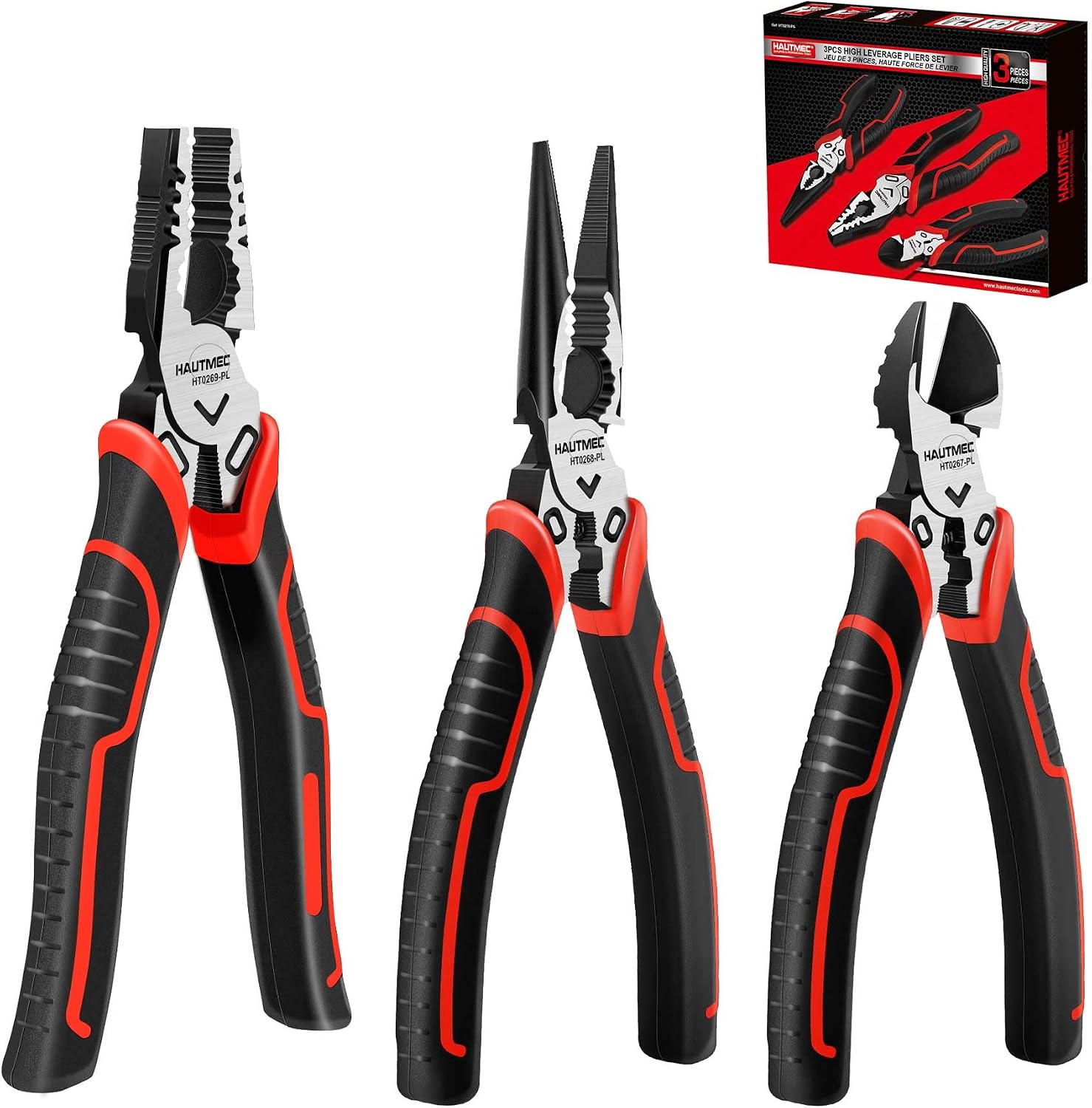 HAUTMEC 3-teiliges Zangenset mit hoher Hebelwirkung, Multi-Zangen-Werkzeugset mit 8-Zoll-Spitzzange, 8-Zoll-Linesman-Zange und 6-Zoll-Seitenschneider HT0270 1 HAUTMEC 3-teiliges Zangenset mit hoher Hebelwirkung, Multi-Zangen-Werkzeugset mit 8-Zoll-Spitzzange, 8-Zoll-Linesman-Zange und 6-Zoll-Seitenschneider HT0270