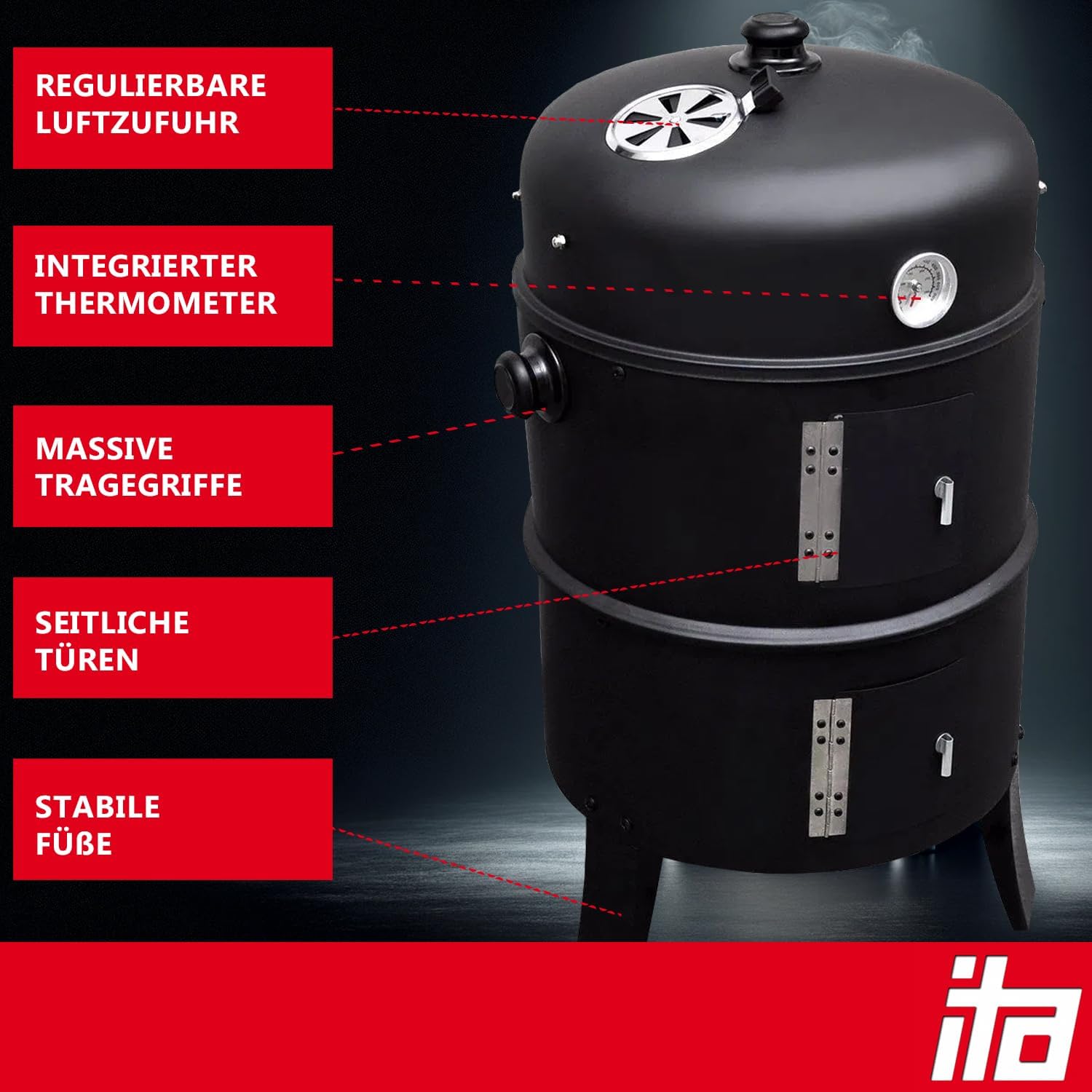 ITA Räuchergrill 3in1 Multifunktional - Grillen, Räuchern, Garen - Modularer Holzkohlegrill Smoker mit Thermometer & regulierbarem Luftabzug am Deckel - Grilltonne Räucherofen 4 ITA Räuchergrill 3in1 Multifunktional - Grillen, Räuchern, Garen - Modularer Holzkohlegrill Smoker mit Thermometer & regulierbarem Luftabzug am Deckel - Grilltonne Räucherofen – Bild 4