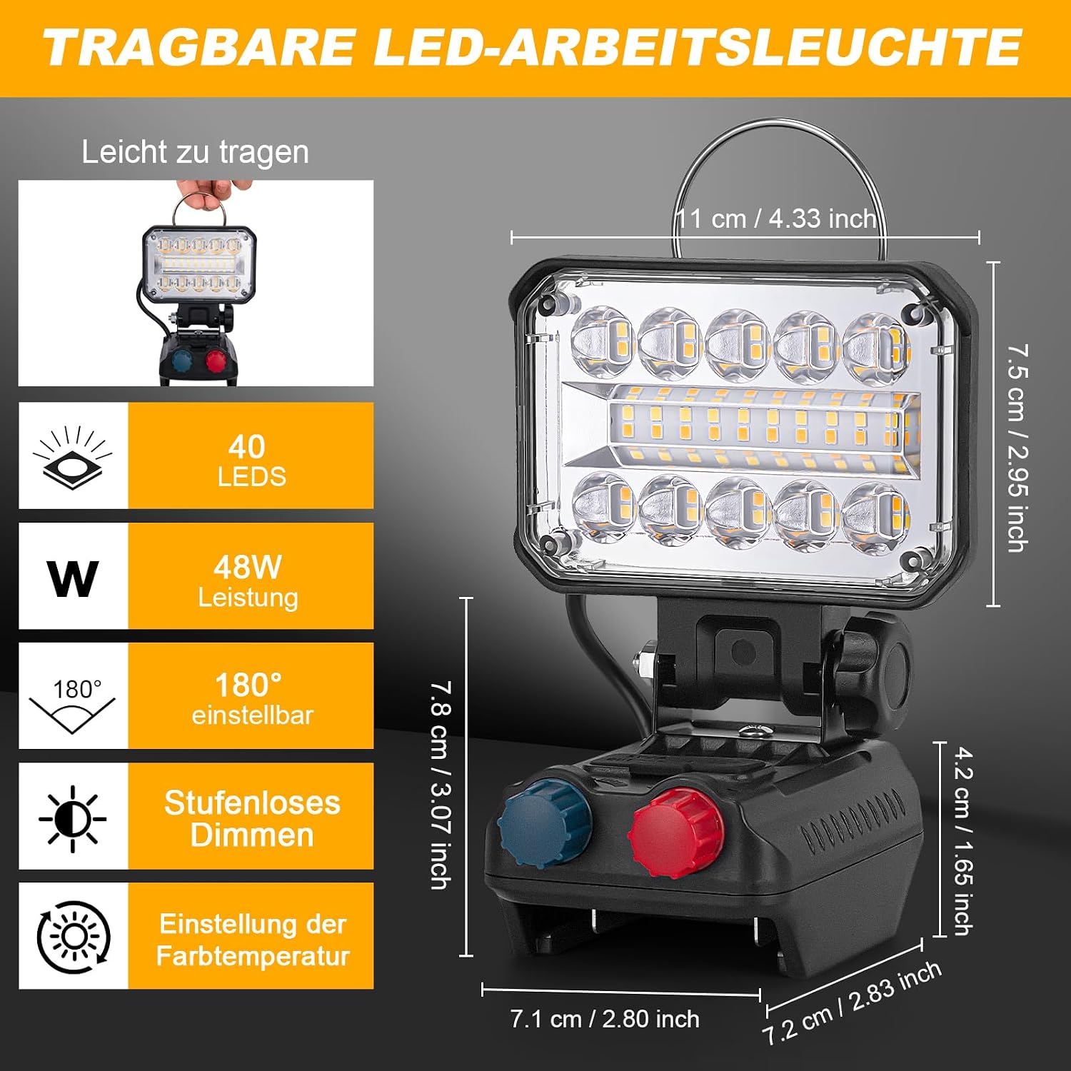 KERNOWO Akku Lampe Für Makita 18/21V, 48W Kabellose Led Arbeitsleuchte Akku mit 40 ultrahellen LED-Perlen, Led Strahler Tragbares Baustellen Lampe mit Typ C und USB-Aufladung(4IN-Keine Akku) 2 KERNOWO Akku Lampe Für Makita 18/21V, 48W Kabellose Led Arbeitsleuchte Akku mit 40 ultrahellen LED-Perlen, Led Strahler Tragbares Baustellen Lampe mit Typ C und USB-Aufladung(4IN-Keine Akku) – Bild 2