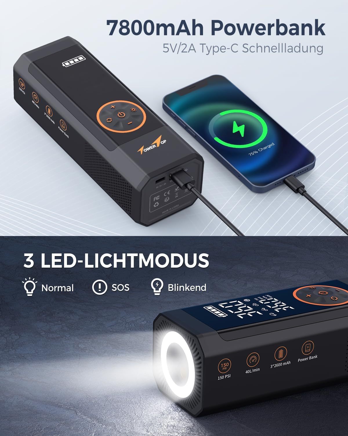 TowerTop Elektrische Luftpumpe Akku Kompressor: 2,5-Mal Schnelleres 150PSI Mini Akku Luftpumpe 7800mAh Fahrradpumpe Elektrisch, Super großes LED-Display,Memory-Funktion,Autostop Function Mit Trageetui 4 TowerTop Elektrische Luftpumpe Akku Kompressor: 2,5-Mal Schnelleres 150PSI Mini Akku Luftpumpe 7800mAh Fahrradpumpe Elektrisch, Super großes LED-Display,Memory-Funktion,Autostop Function Mit Trageetui – Bild 4