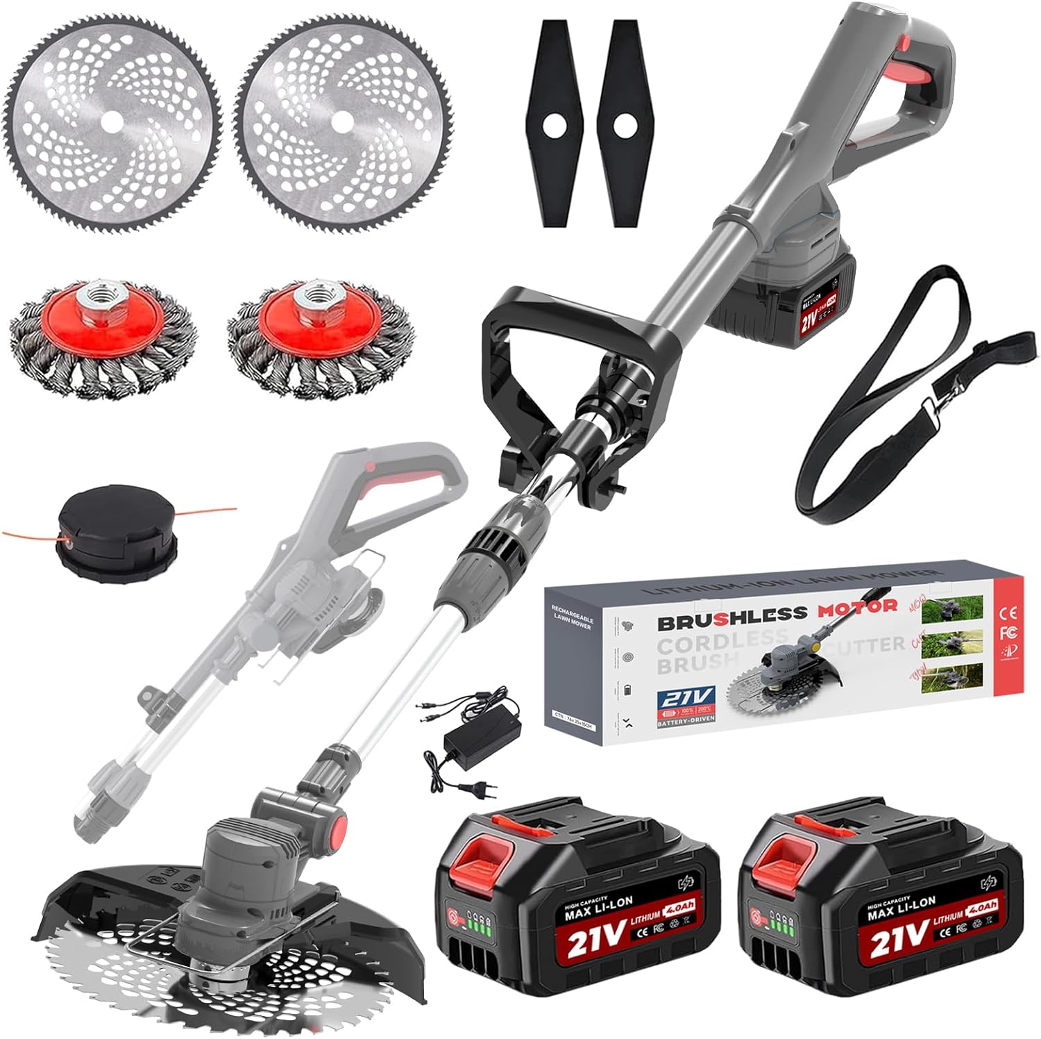 Rasentrimmer mit Akku und Unkrautbürste, Rasentrimmer für Makita Akku, 4-In-1 Akku Freischneider-Rasenkantenschneider für Garten Trimming, 180° Faltbar, 90° Trimmwinkel (Inkl 2 * 4,0Ah Akku) (Grey) 1 Rasentrimmer mit Akku und Unkrautbürste, Rasentrimmer für Makita Akku, 4-In-1 Akku Freischneider-Rasenkantenschneider für Garten Trimming, 180° Faltbar, 90° Trimmwinkel (Inkl 2 * 4,0Ah Akku) (Grey)