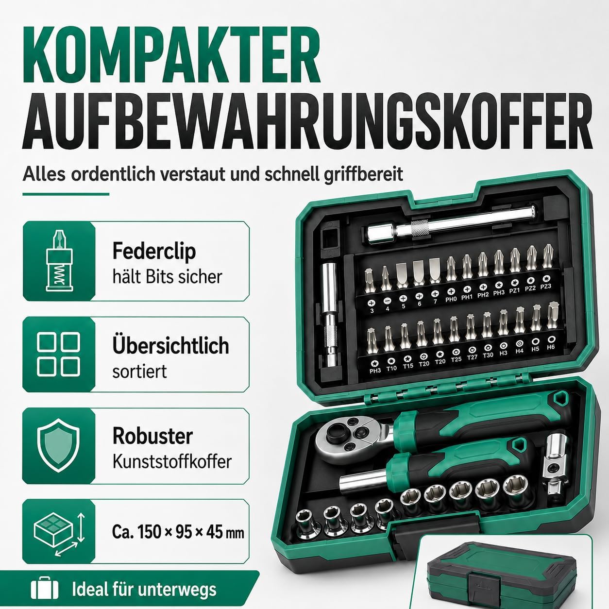 40-teiliger 1/4 Zoll Ratschenkasten, Steckschlüsselsatz 2 40-teiliger 1/4 Zoll Ratschenkasten, Steckschlüsselsatz – Bild 2