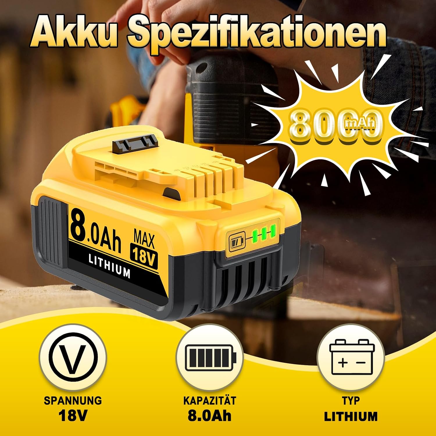 Cafonil 4X 8.0Ah Li-Ion Ersatzakku für Dewalt 18V Akku DCB184 2 Cafonil 4X 8.0Ah Li-Ion Ersatzakku für Dewalt 18V Akku DCB184 – Bild 2