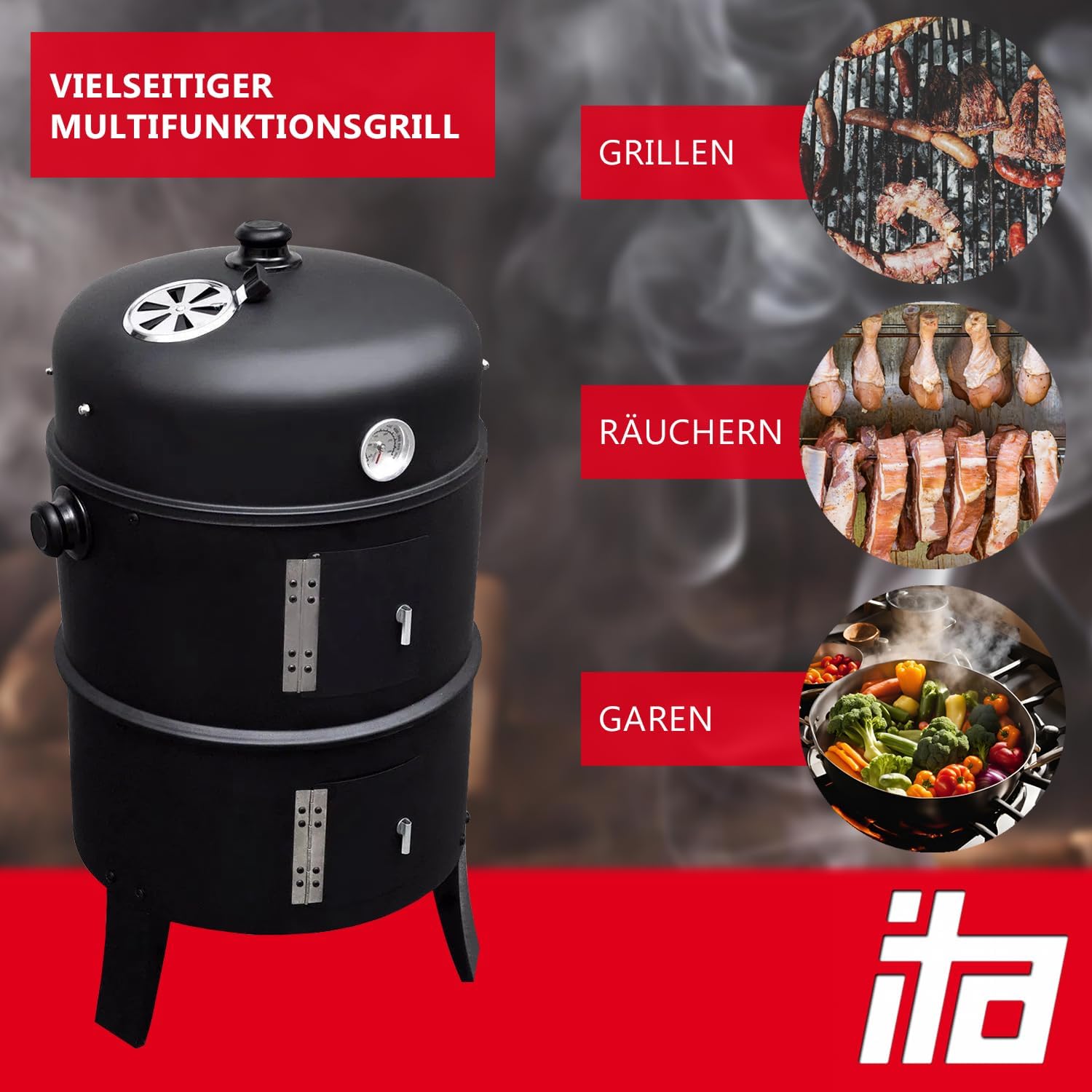 ITA Räuchergrill 3in1 Multifunktional - Grillen, Räuchern, Garen - Modularer Holzkohlegrill Smoker mit Thermometer & regulierbarem Luftabzug am Deckel - Grilltonne Räucherofen 2 ITA Räuchergrill 3in1 Multifunktional - Grillen, Räuchern, Garen - Modularer Holzkohlegrill Smoker mit Thermometer & regulierbarem Luftabzug am Deckel - Grilltonne Räucherofen – Bild 2