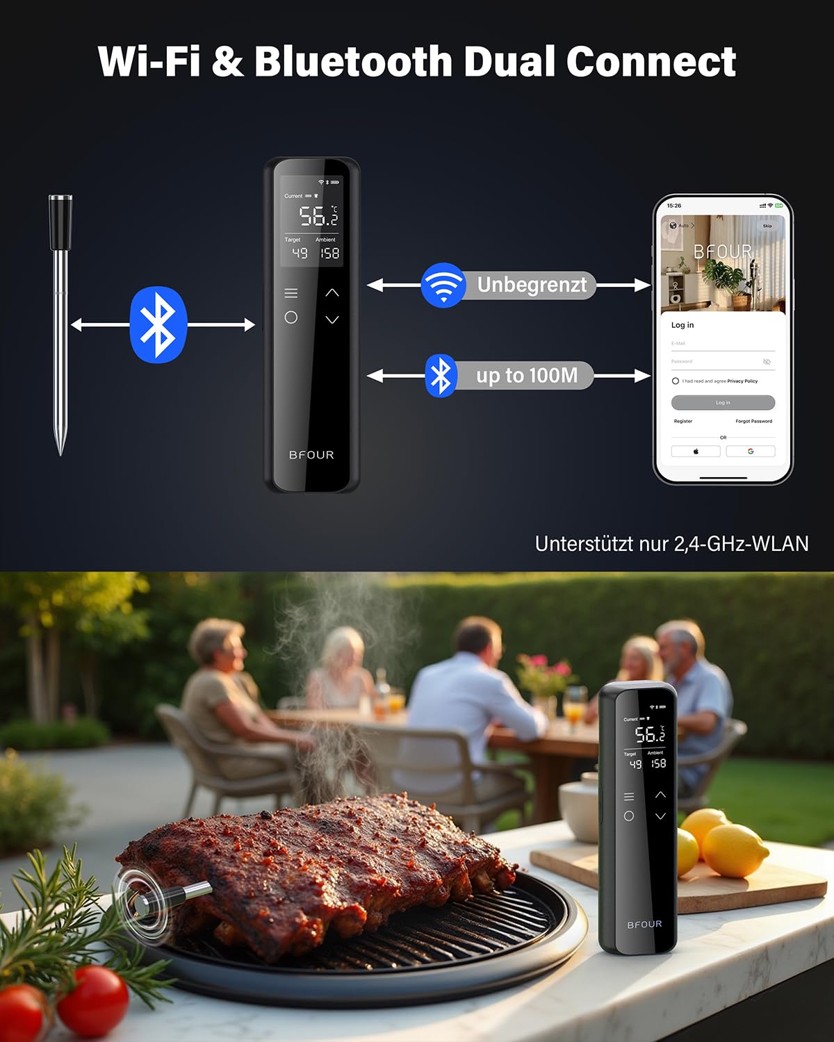 BFOUR WiFi Bluetooth Grillthermometer,Fleischthermometer mit 6 Sensoren,2600mAh Akku,IP67 Wasserdicht,App-Steuerung,Bratenthermometer Für Smoker, Grill, Ofen & Küche 3 BFOUR WiFi Bluetooth Grillthermometer,Fleischthermometer mit 6 Sensoren,2600mAh Akku,IP67 Wasserdicht,App-Steuerung,Bratenthermometer Für Smoker, Grill, Ofen & Küche – Bild 3
