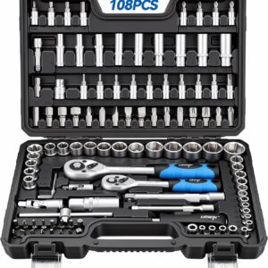 DISEN Steckschlüsselsatz 108-teilig, Ratschenschlüssel Knarrenkasten Set mit Umschaltknarre 1/4" und 3/8", inkl. Gängigen Torx - Bitsatz, Verlängerungen, Steckschlüssel Set und Nüsse für Heim