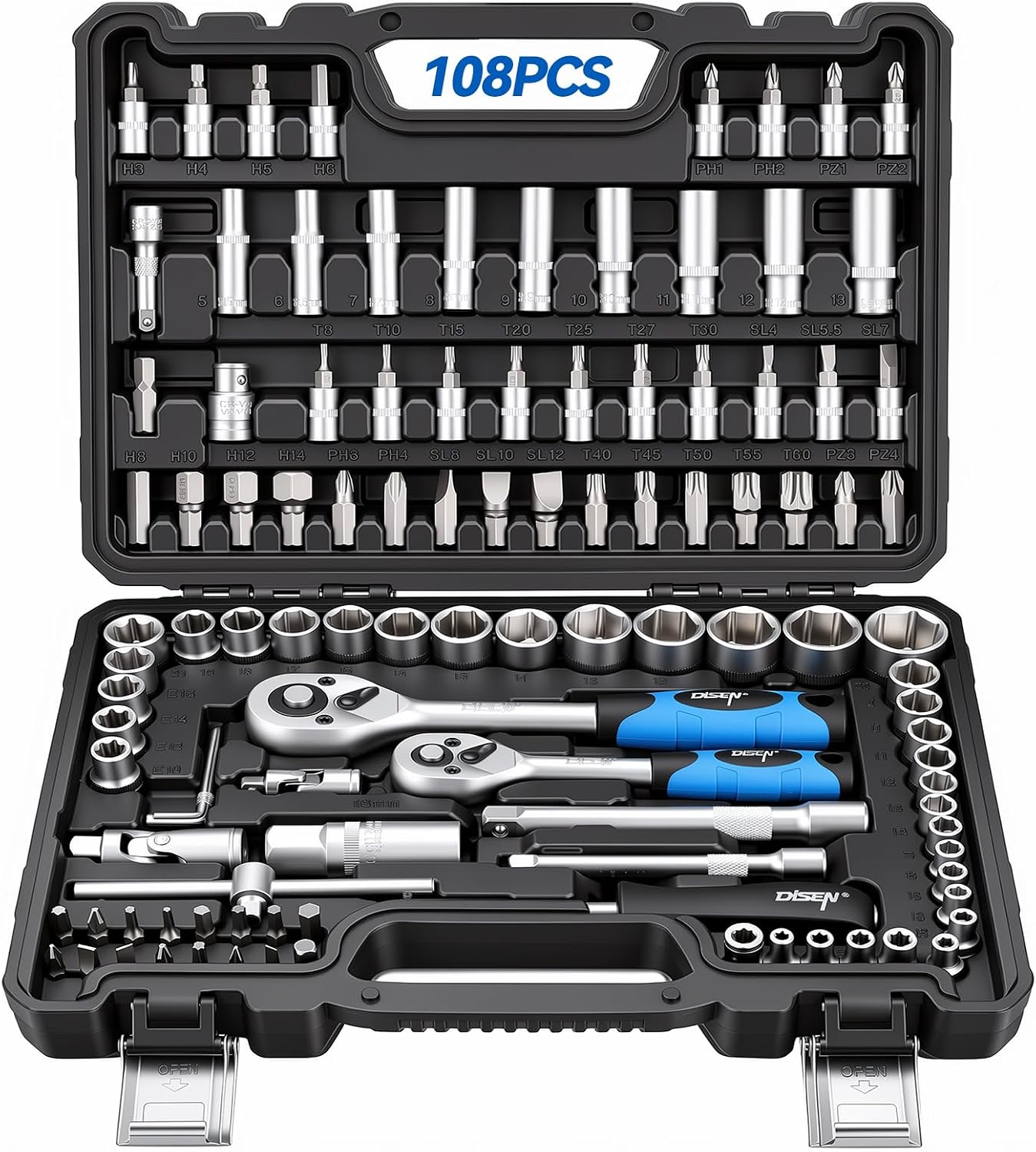 DISEN Steckschlüsselsatz 108-teilig, Ratschenschlüssel Knarrenkasten Set mit Umschaltknarre 1/4" und 3/8", inkl. Gängigen Torx - Bitsatz, Verlängerungen, Steckschlüssel Set und Nüsse für Heim 1 DISEN Steckschlüsselsatz 108-teilig, Ratschenschlüssel Knarrenkasten Set mit Umschaltknarre 1/4" und 3/8", inkl. Gängigen Torx - Bitsatz, Verlängerungen, Steckschlüssel Set und Nüsse für Heim