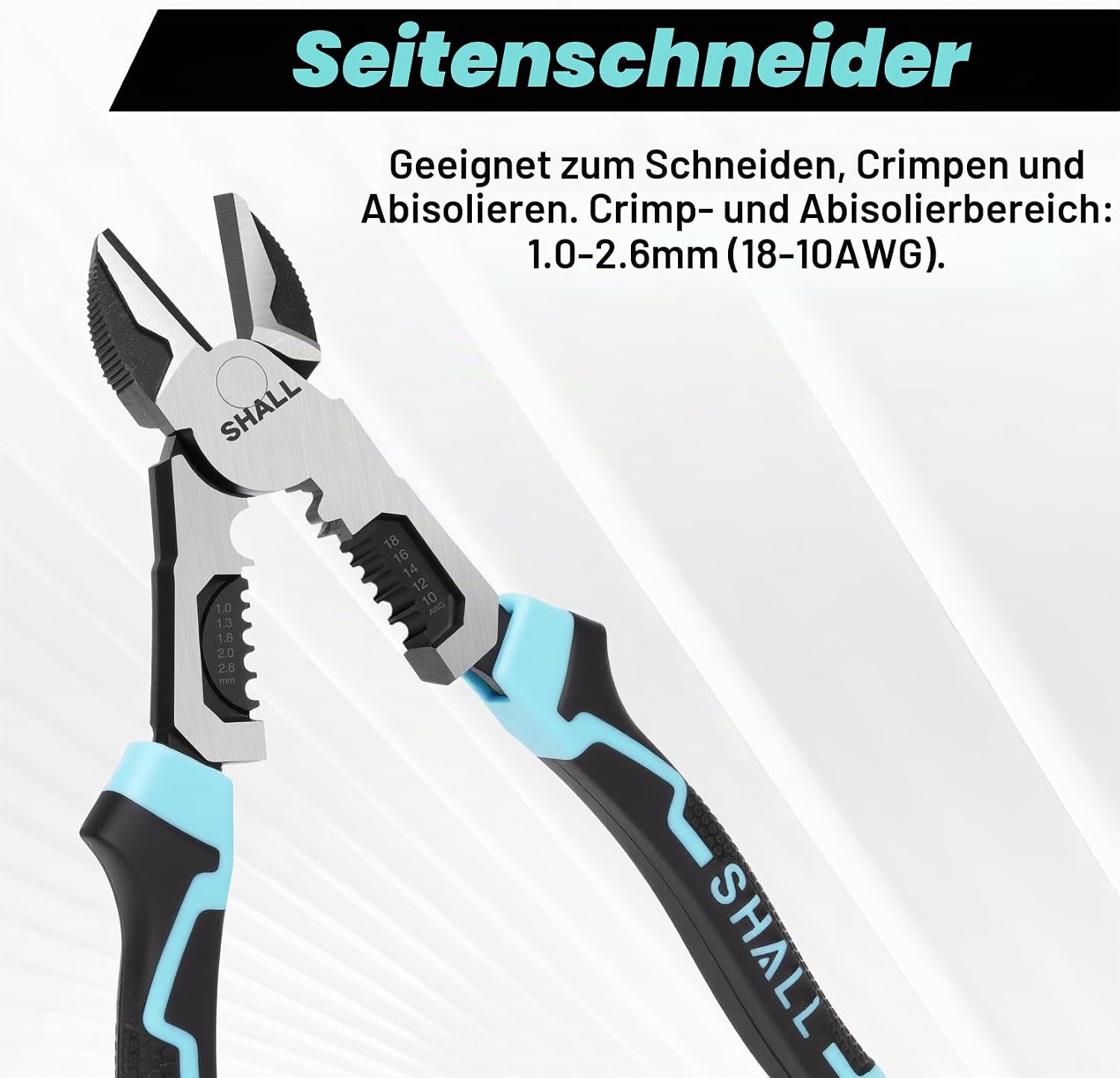 SHALL 3-teiliges Hochleistungszangenset, 8" Spitzzange, 8" Seitenschneider, 8" Kombizange, Elektrikerzangenset mit Drahtschneider, Abisolierzange und Crimpzange 4 SHALL 3-teiliges Hochleistungszangenset, 8" Spitzzange, 8" Seitenschneider, 8" Kombizange, Elektrikerzangenset mit Drahtschneider, Abisolierzange und Crimpzange – Bild 4
