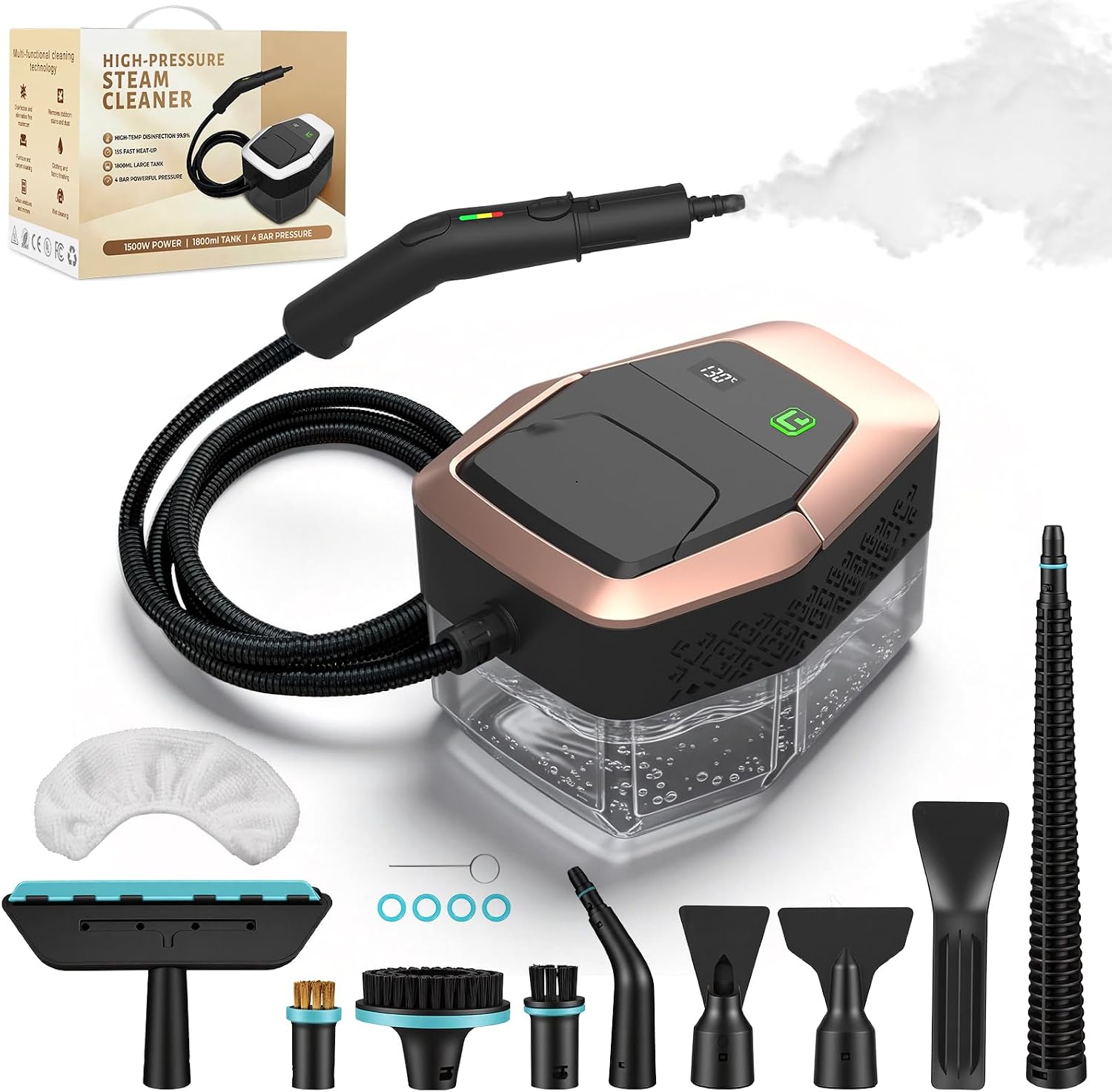 Dampfreiniger, Dampfreiniger handgerät, 1500 W, Handdampfreiniger, schnelles Aufheizen in 15 Sekunden, 1,8 l Wassertank, mit 12 Zubehörteilen für Autos, Roségold (halten Sie 3S bis zum Start) 1 Dampfreiniger, Dampfreiniger handgerät, 1500 W, Handdampfreiniger, schnelles Aufheizen in 15 Sekunden, 1,8 l Wassertank, mit 12 Zubehörteilen für Autos, Roségold (halten Sie 3S bis zum Start)