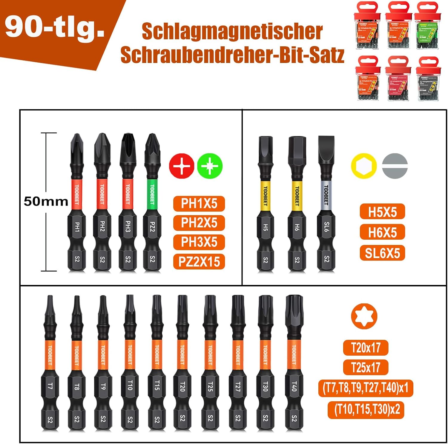 Impact Torx Schraubendreher-Bits-Set (50mm,Mixed,90 Stück) 2 Impact Torx Schraubendreher-Bits-Set (50mm,Mixed,90 Stück) – Bild 2
