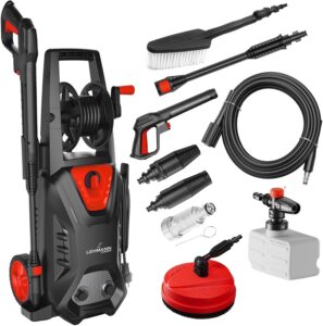 LEHMANN Hudson Hochdruckreiniger mit Aluminiumpumpe, 1800 W, max. 220 bar Druck, 450 l/h Fördermenge, Zubehör - Terrassenbürste, Schaumsprüher, Felgenbürste, Ideal als Auto Hochdruckreiniger
