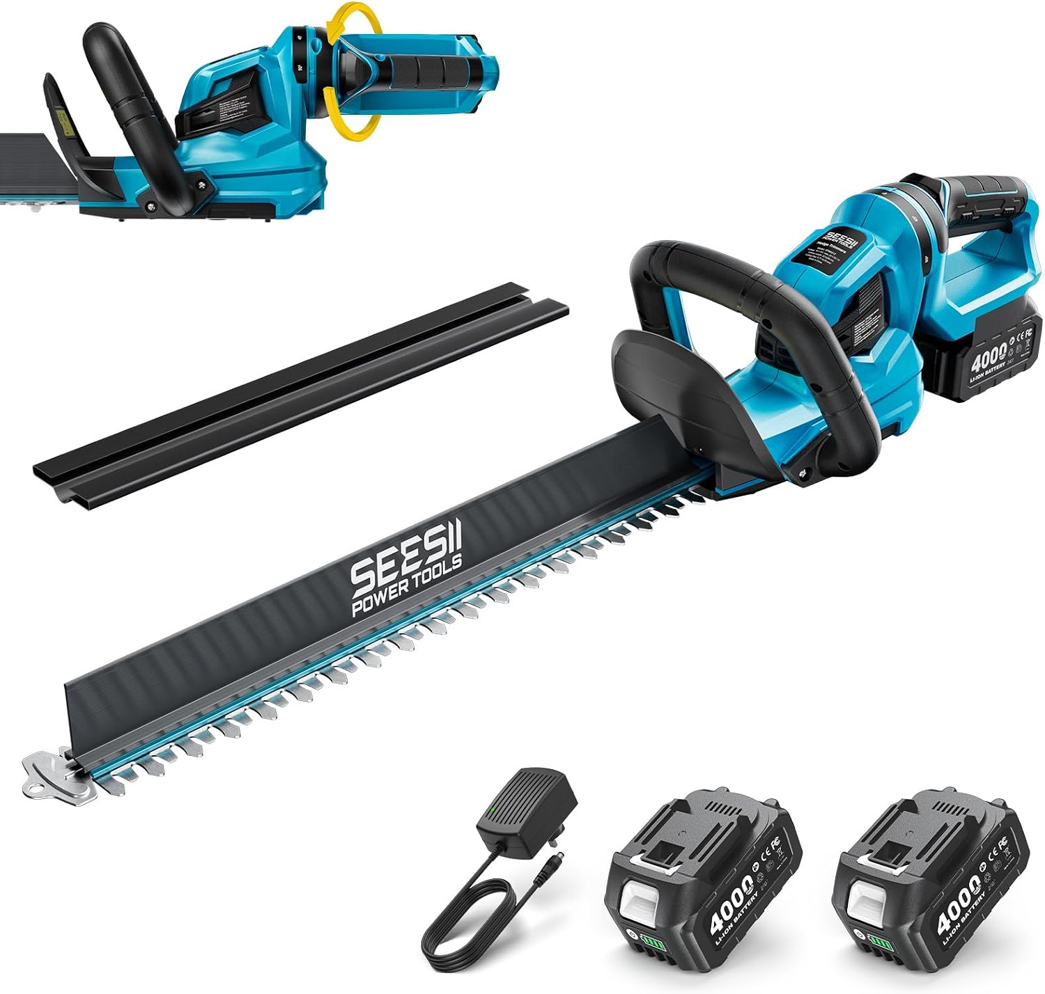 SEESII 20V Heckenschere Akku, 56 cm Doppelmesser, 2 × 4,0 Ah Akkus, Garten