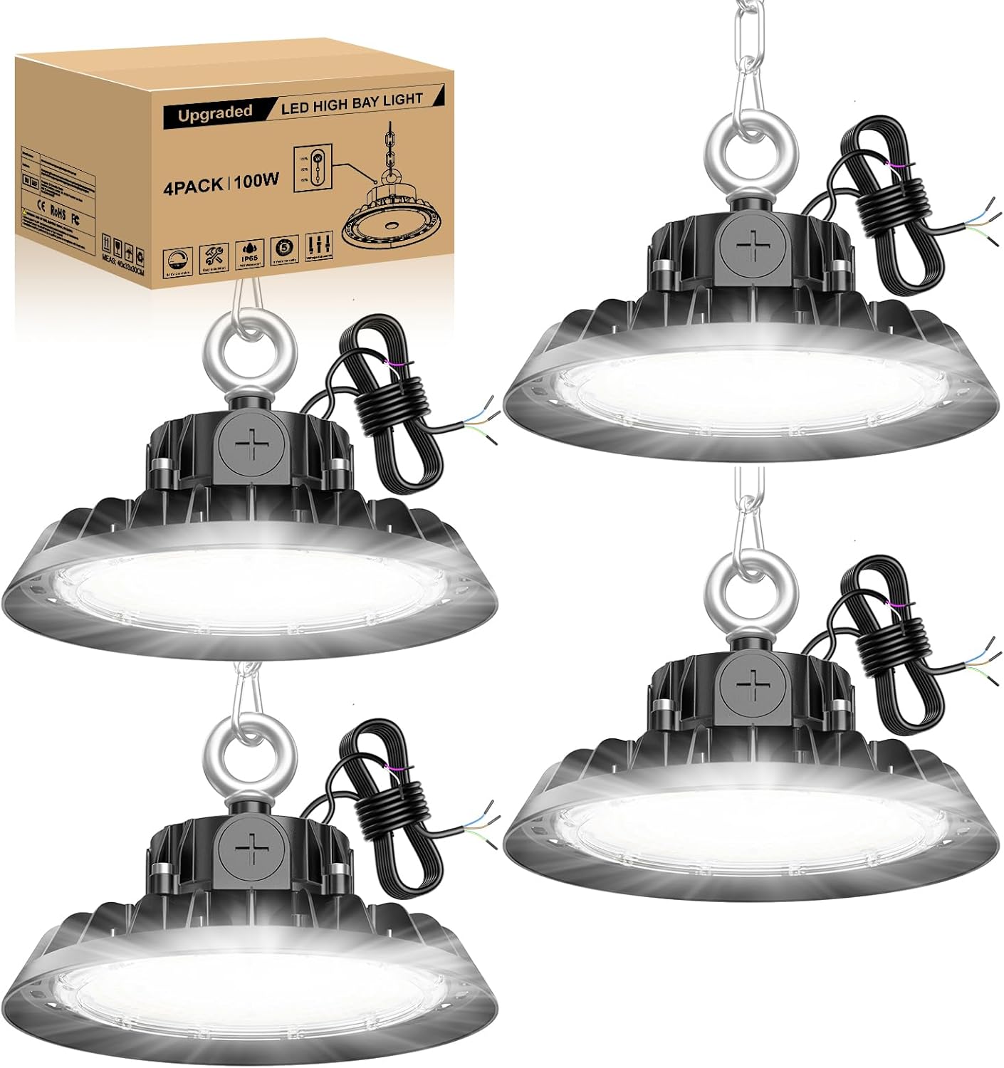 UFO 4 Stück LED Hallenstrahler 100W Treiber Dimmbare 170lm/W UFO High Bay Lampe LED 6000K Werkstattlampe 60W/80W/100W Superhelle Werkstatt IP65 Deckenleuchte 5 Jahre Garantie