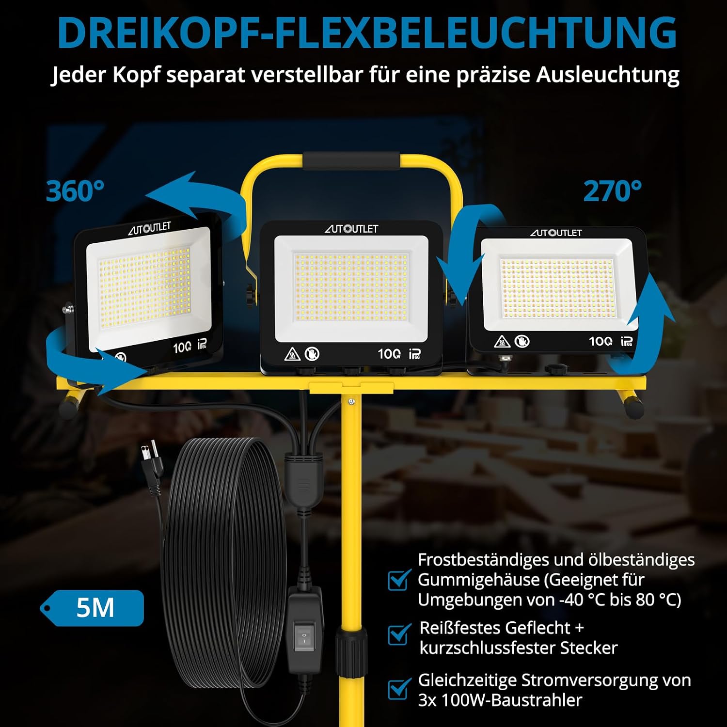 AUTOUTLET Baustrahler LED mit Rollstativ 300W, 3000K/5000K/6500K & 5M Kabel 5 AUTOUTLET Baustrahler LED mit Rollstativ 300W, 3000K/5000K/6500K & 5M Kabel – Bild 5