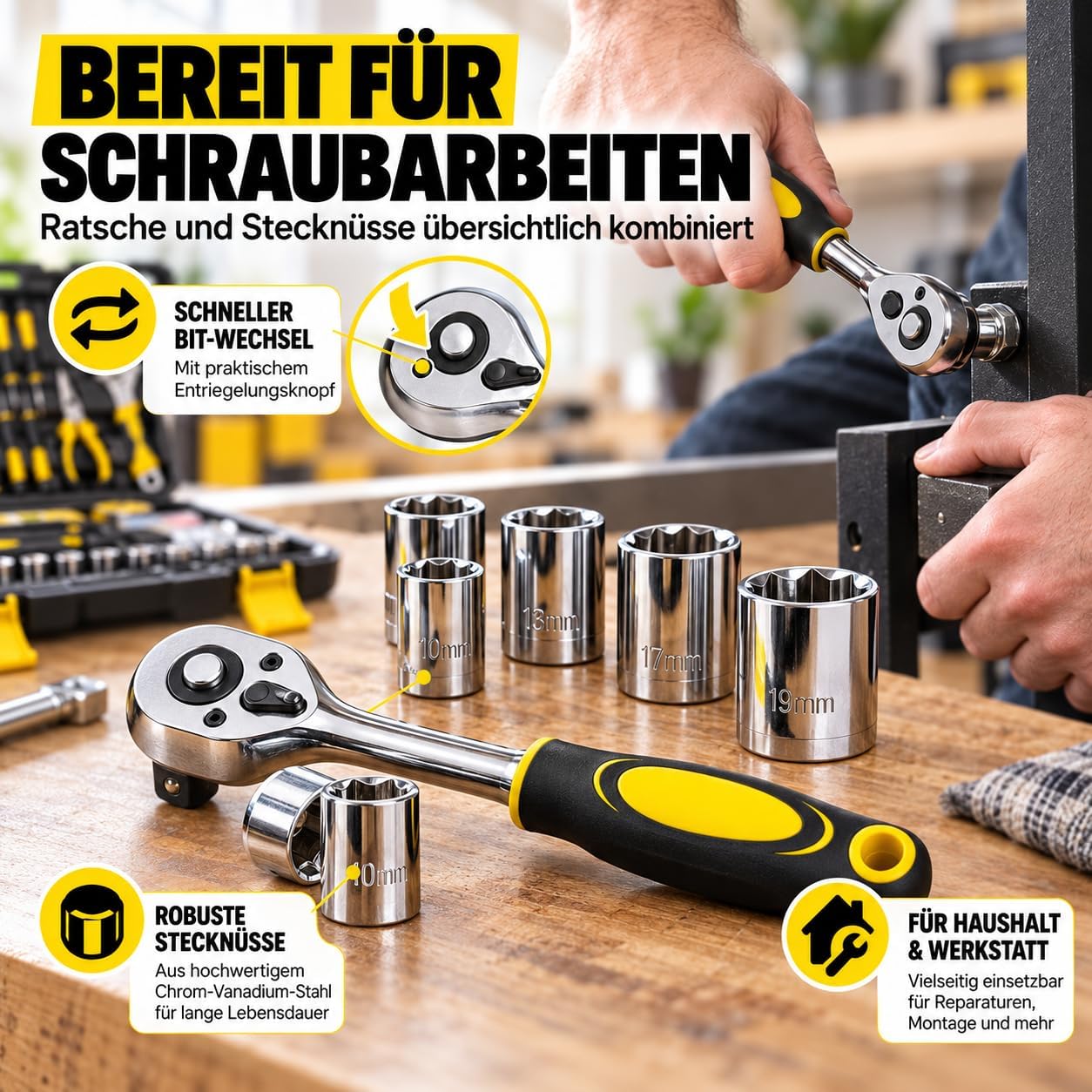 Werkzeugkoffer Gefüllt, 108-teilig Werkzeugset mit Werkzeug aus Chrom-Vanadium-Stahl - inkl. Schraubendreher, Zangen, Hammer, Wasserwaage, Stecknüsse & Bits 5 Werkzeugkoffer Gefüllt, 108-teilig Werkzeugset mit Werkzeug aus Chrom-Vanadium-Stahl - inkl. Schraubendreher, Zangen, Hammer, Wasserwaage, Stecknüsse & Bits – Bild 5