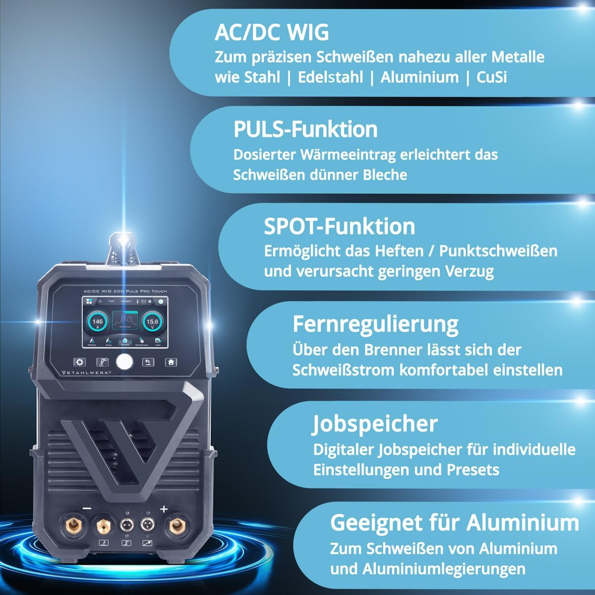 STAHLWERK Schutzgasschweißgerät AC/DC WIG 200 Puls Pro Touch 3 STAHLWERK Schutzgasschweißgerät AC/DC WIG 200 Puls Pro Touch – Bild 3